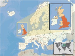 Map of England showing its location in Europe