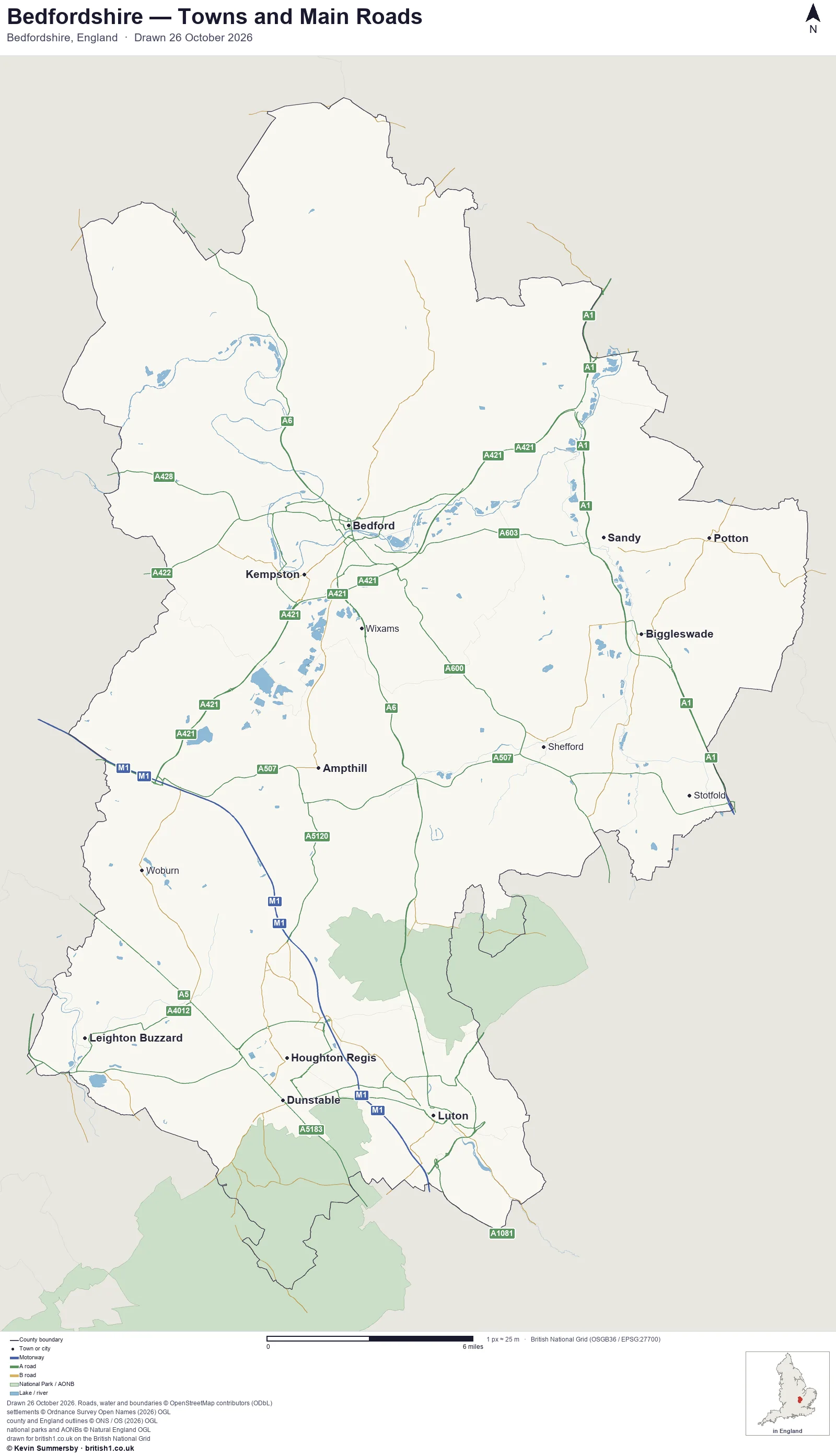 Map of Bedfordshire, England, showing towns, main roads and county boundaries