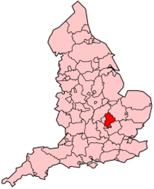 Map of the location of Bedfordshire in England