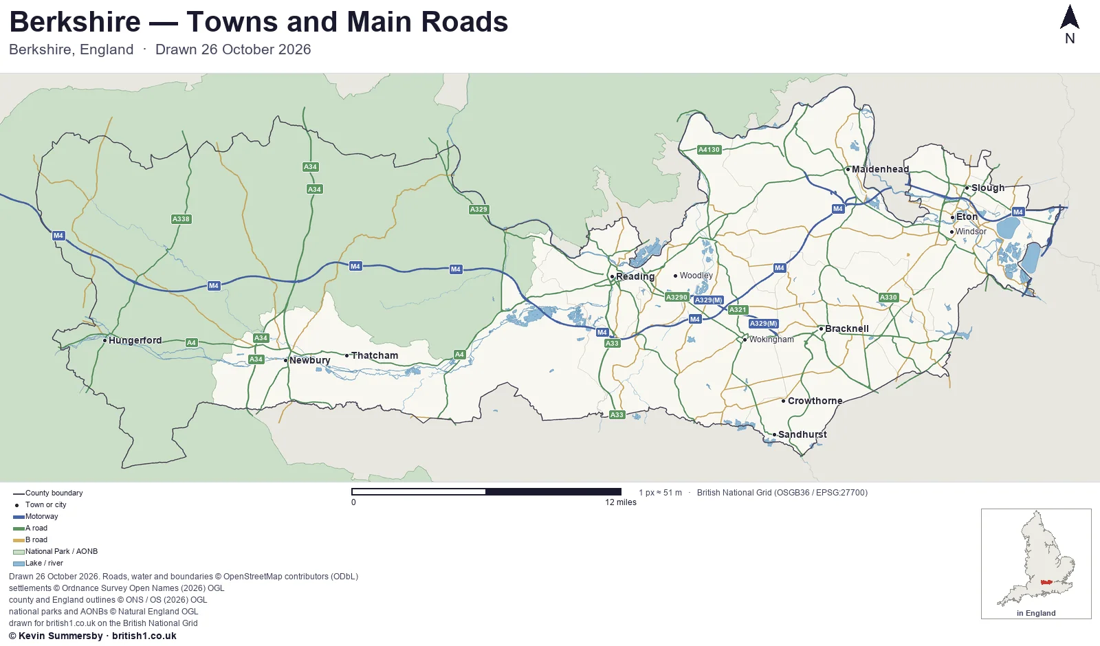 Map of Berkshire, England, showing towns, main roads and county boundaries