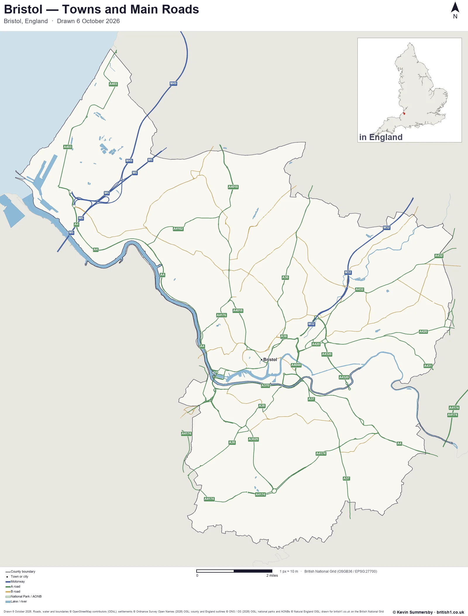 Map of Bristol, England, showing towns, main roads and county boundaries