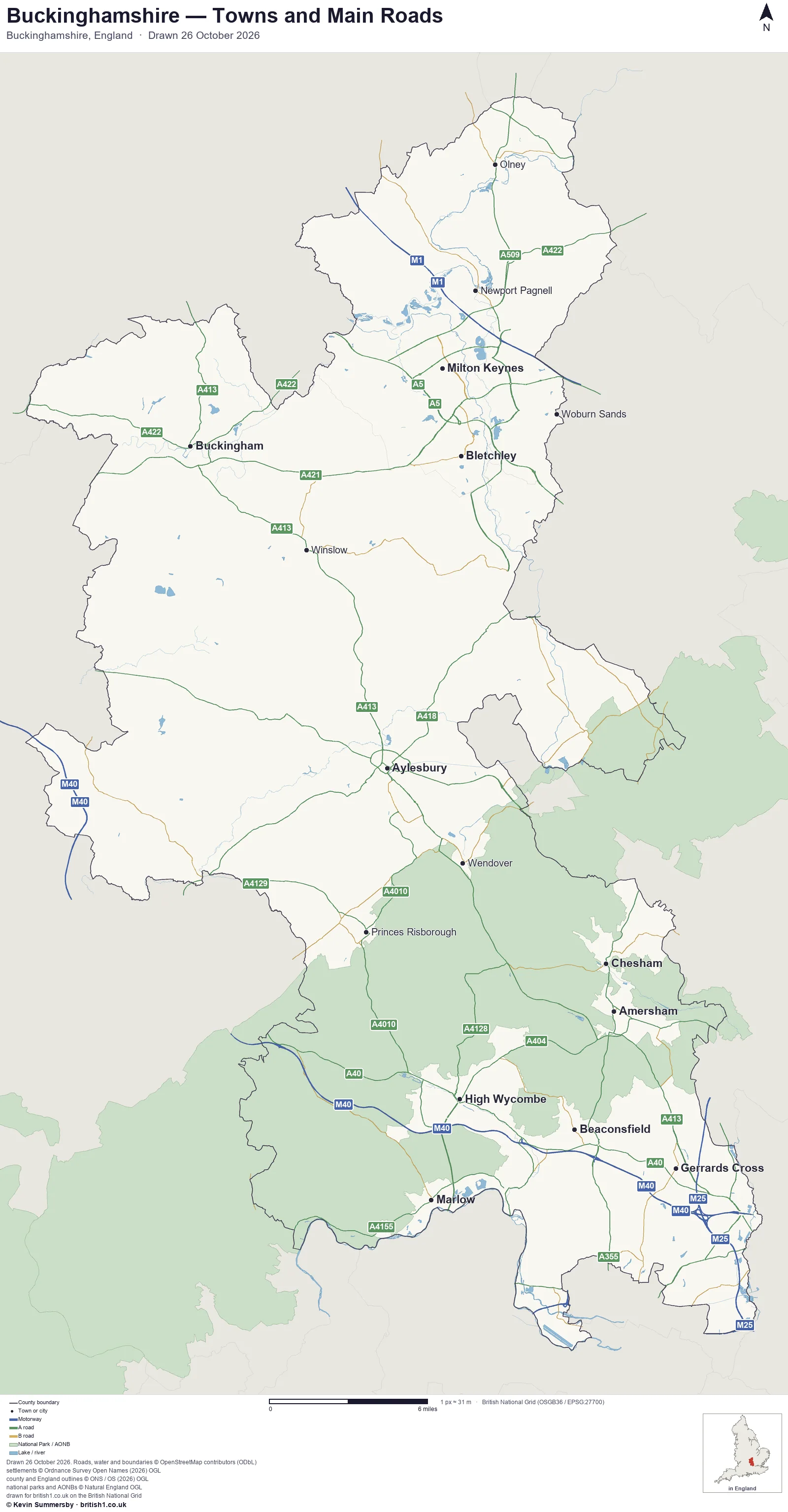 Map of Buckinghamshire, England, showing towns, main roads and county boundaries