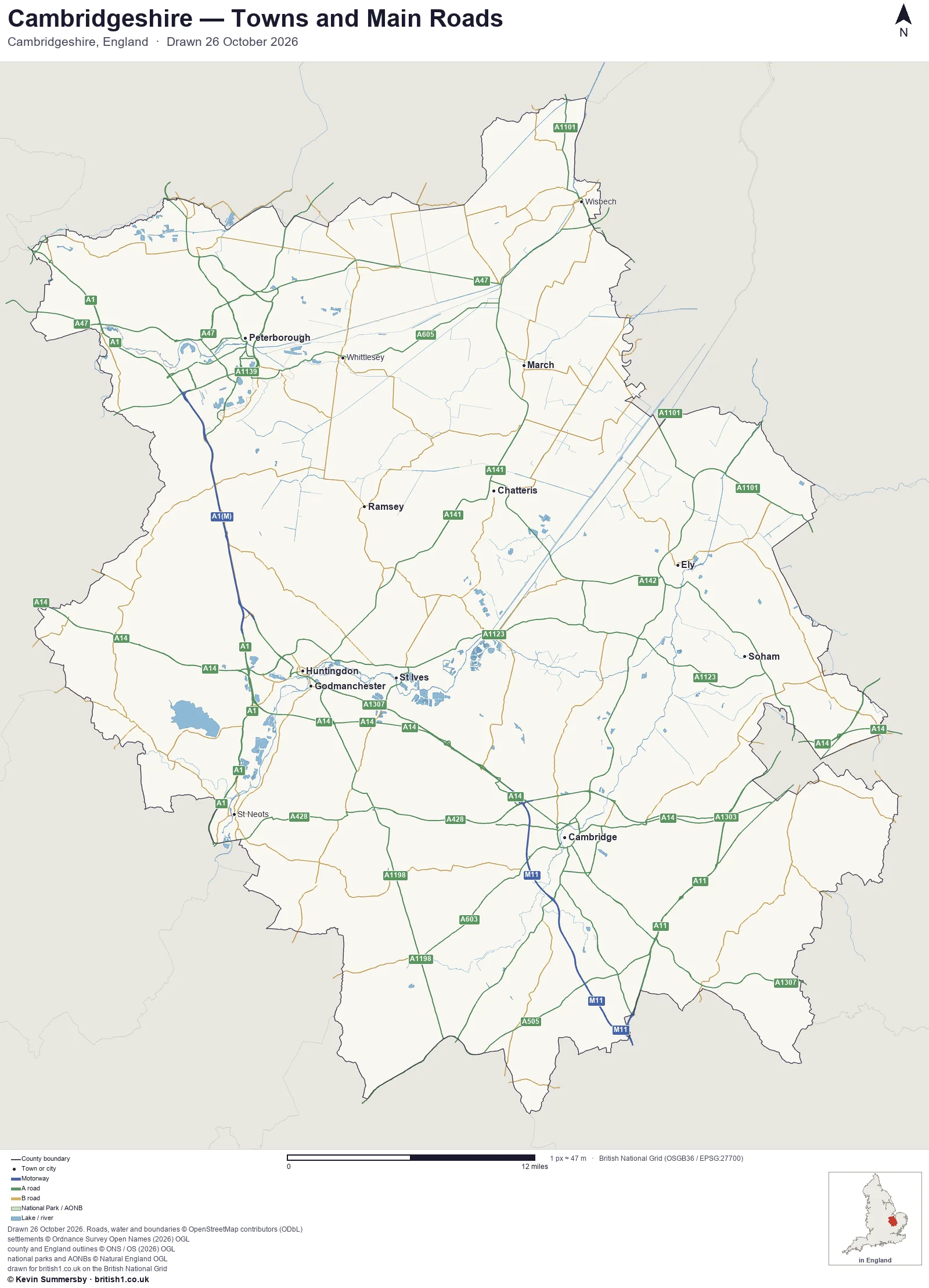 Map of Cambridgeshire, England, showing towns, main roads and county boundaries