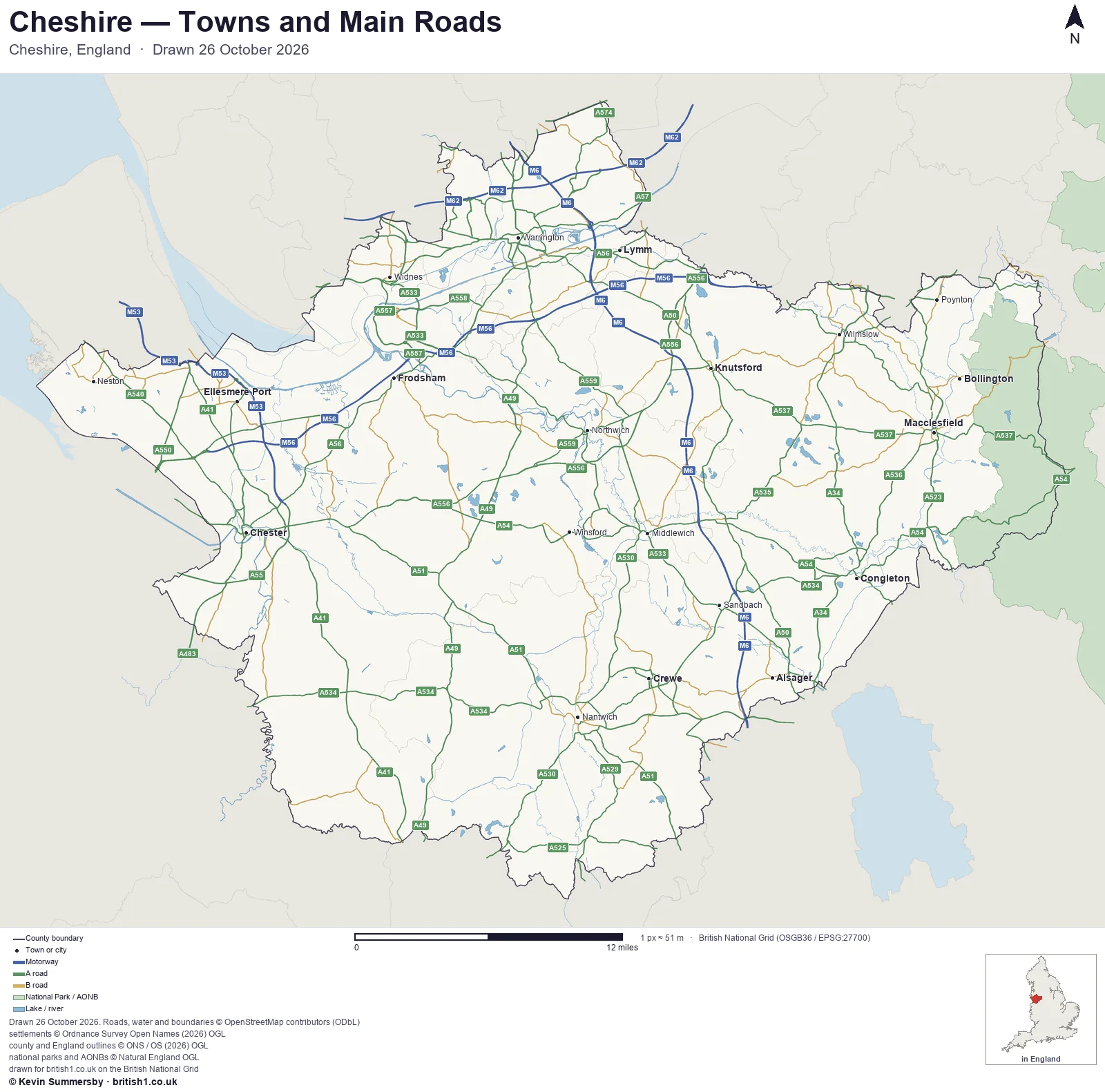 Map of Cheshire, England, showing towns, main roads and county boundaries