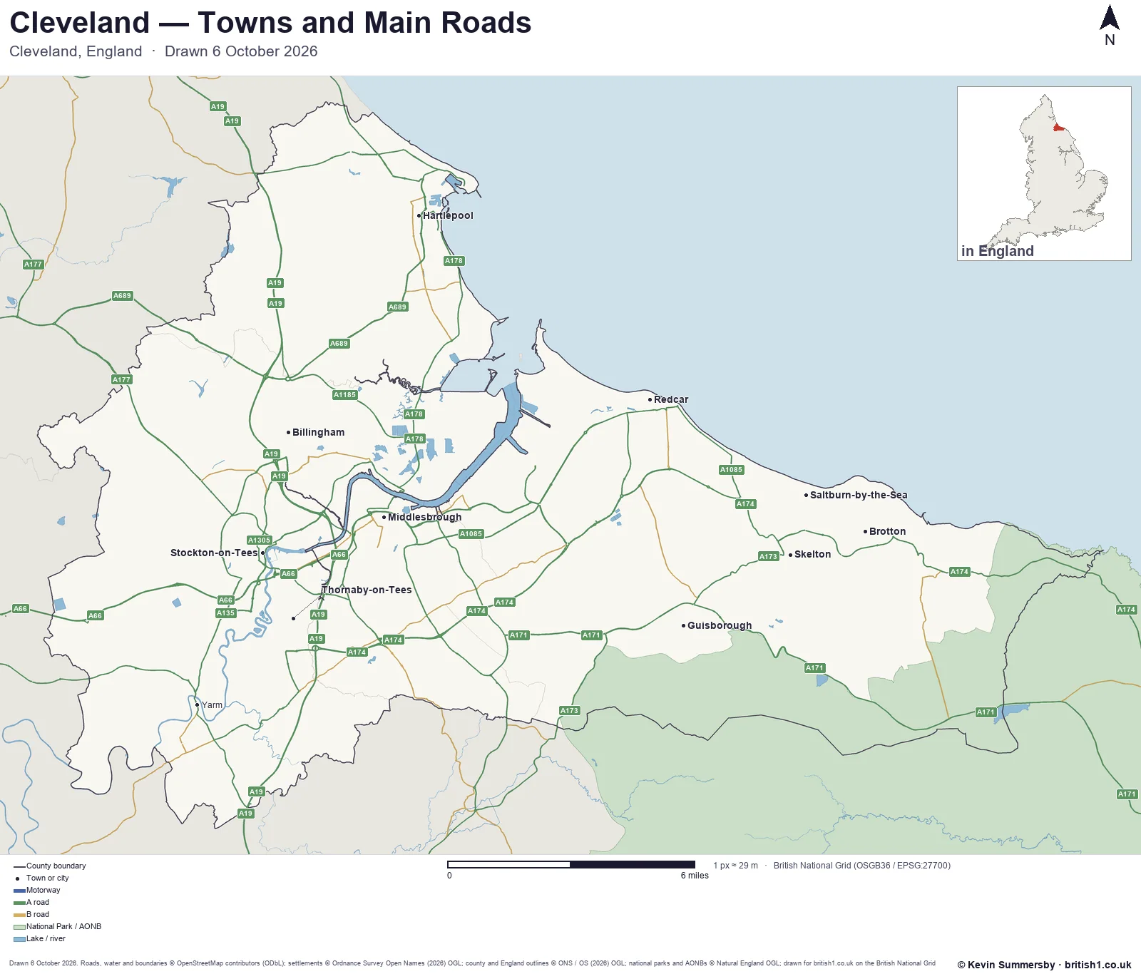 Map of Cleveland, England, showing towns, main roads and county boundaries