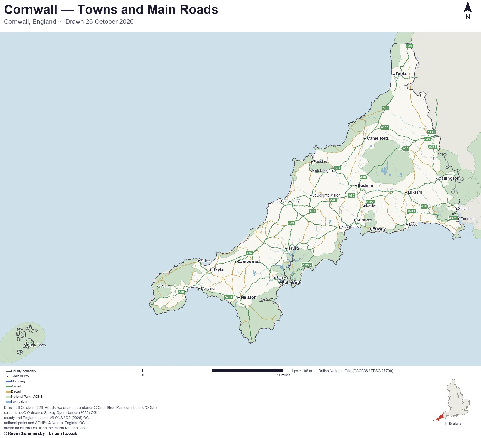Map of Cornwall, England, showing towns, main roads and county boundaries