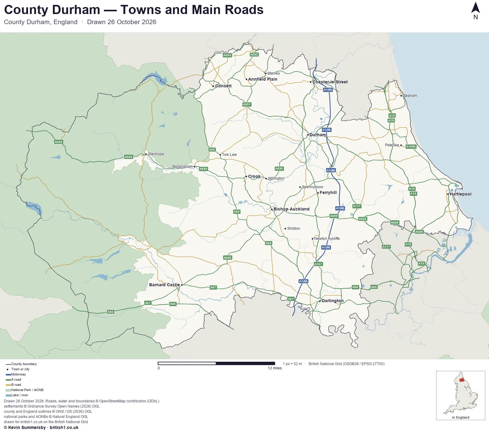Map of County Durham, England, showing towns, main roads and county boundaries