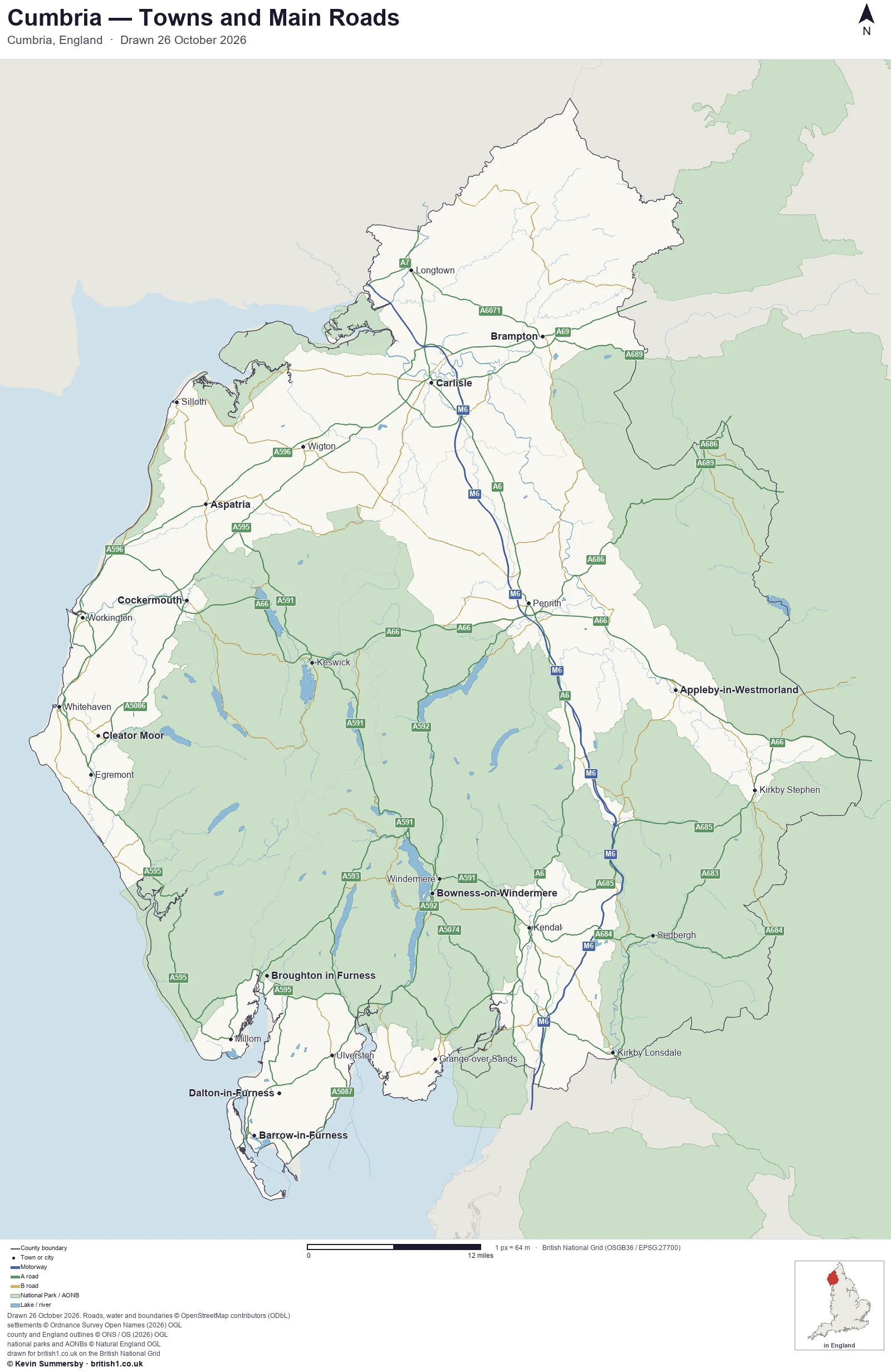 Map of Cumbria, England, showing towns, main roads and county boundaries
