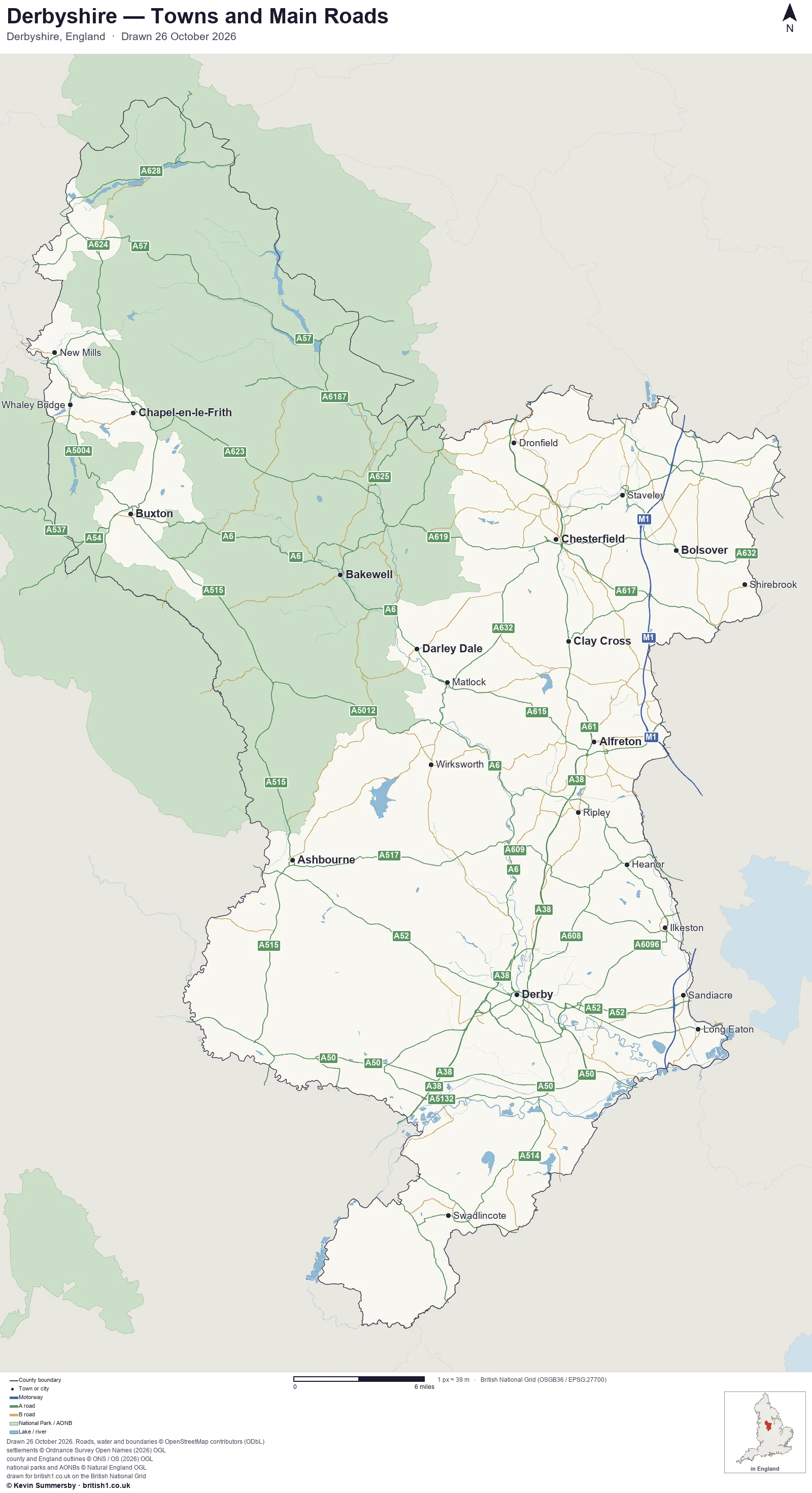 Map of Derbyshire, England, showing towns, main roads and county boundaries