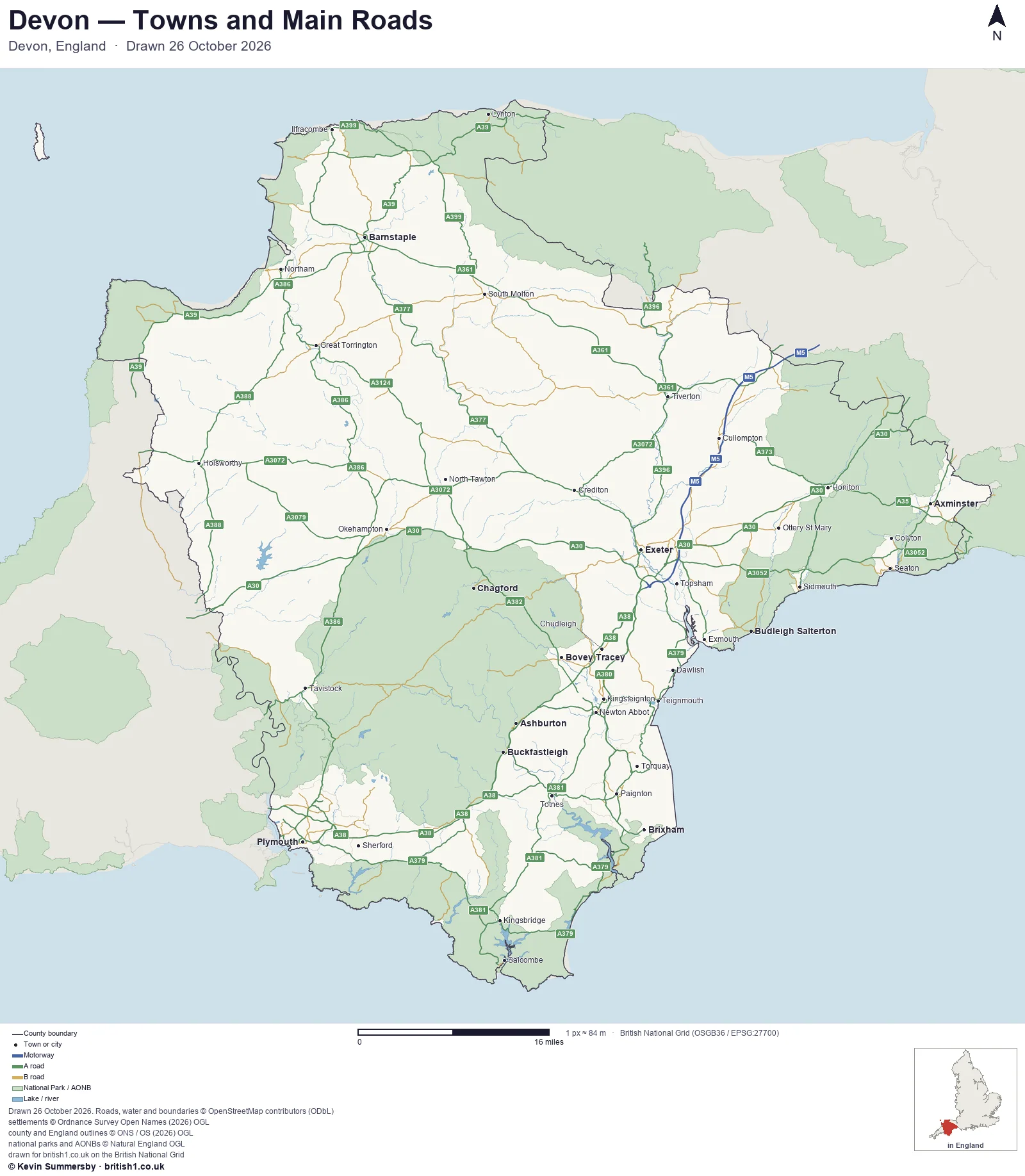 Map of Devon, England, showing towns, main roads and county boundaries