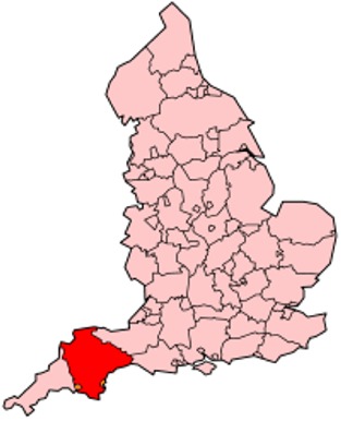 Map of the location of Devon County in England