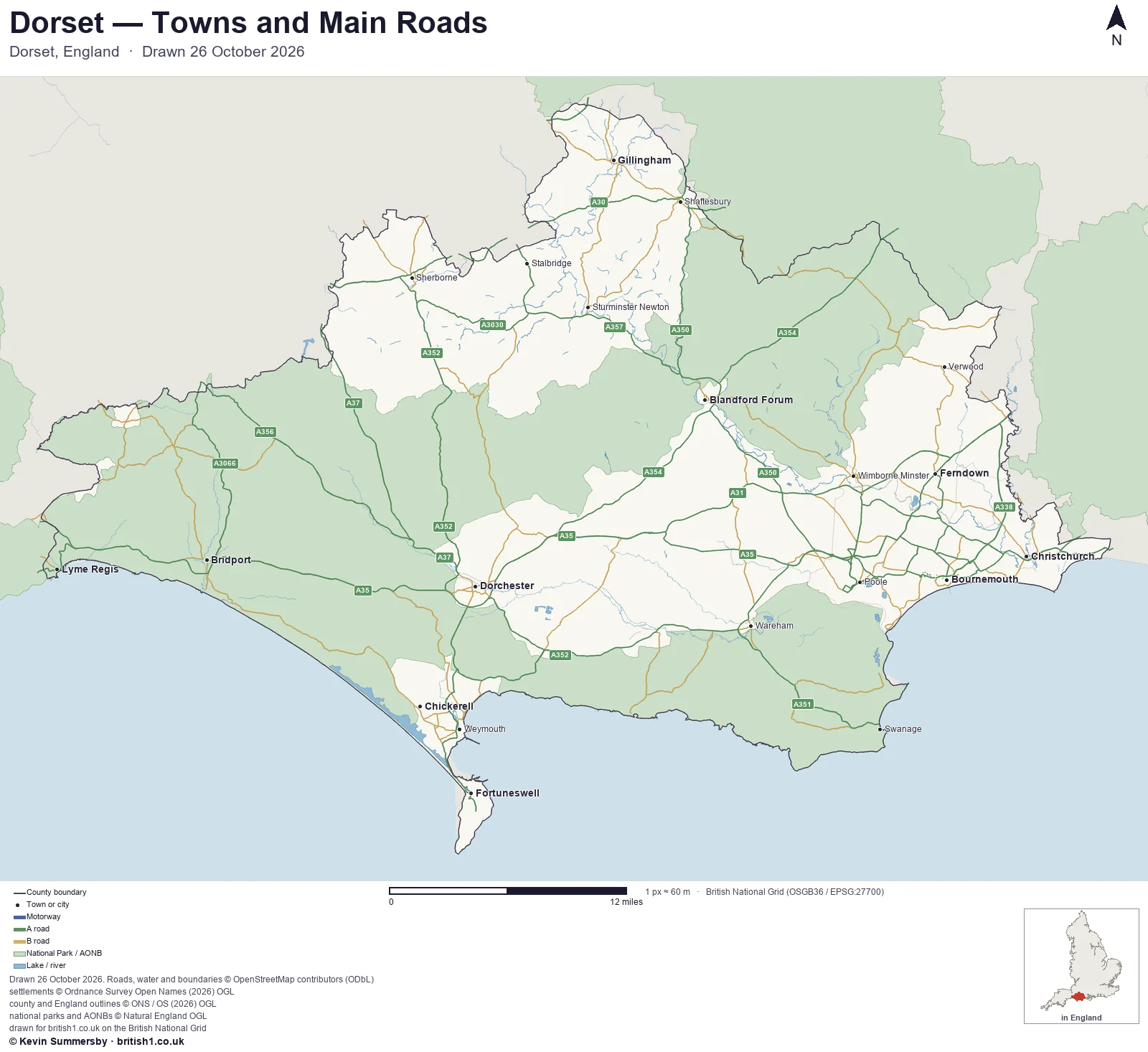 Map of Dorset, England, showing towns, main roads and county boundaries