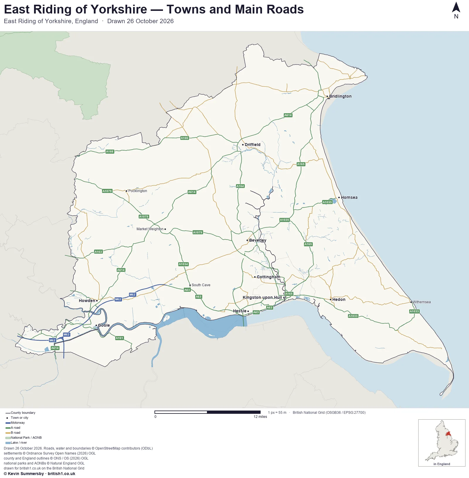 Map of East Riding of Yorkshire, England, showing towns, main roads and county boundaries