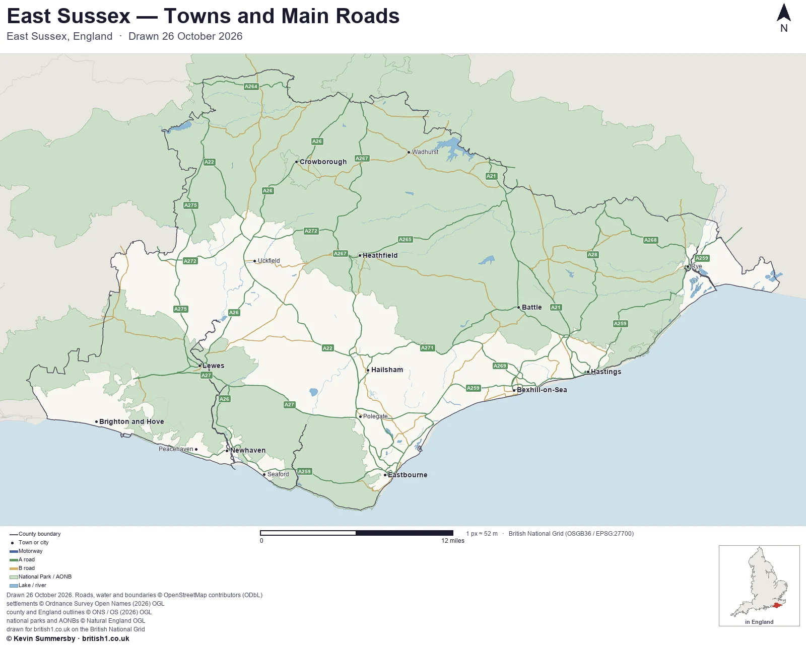 Map of East Sussex, England, showing towns, main roads and county boundaries