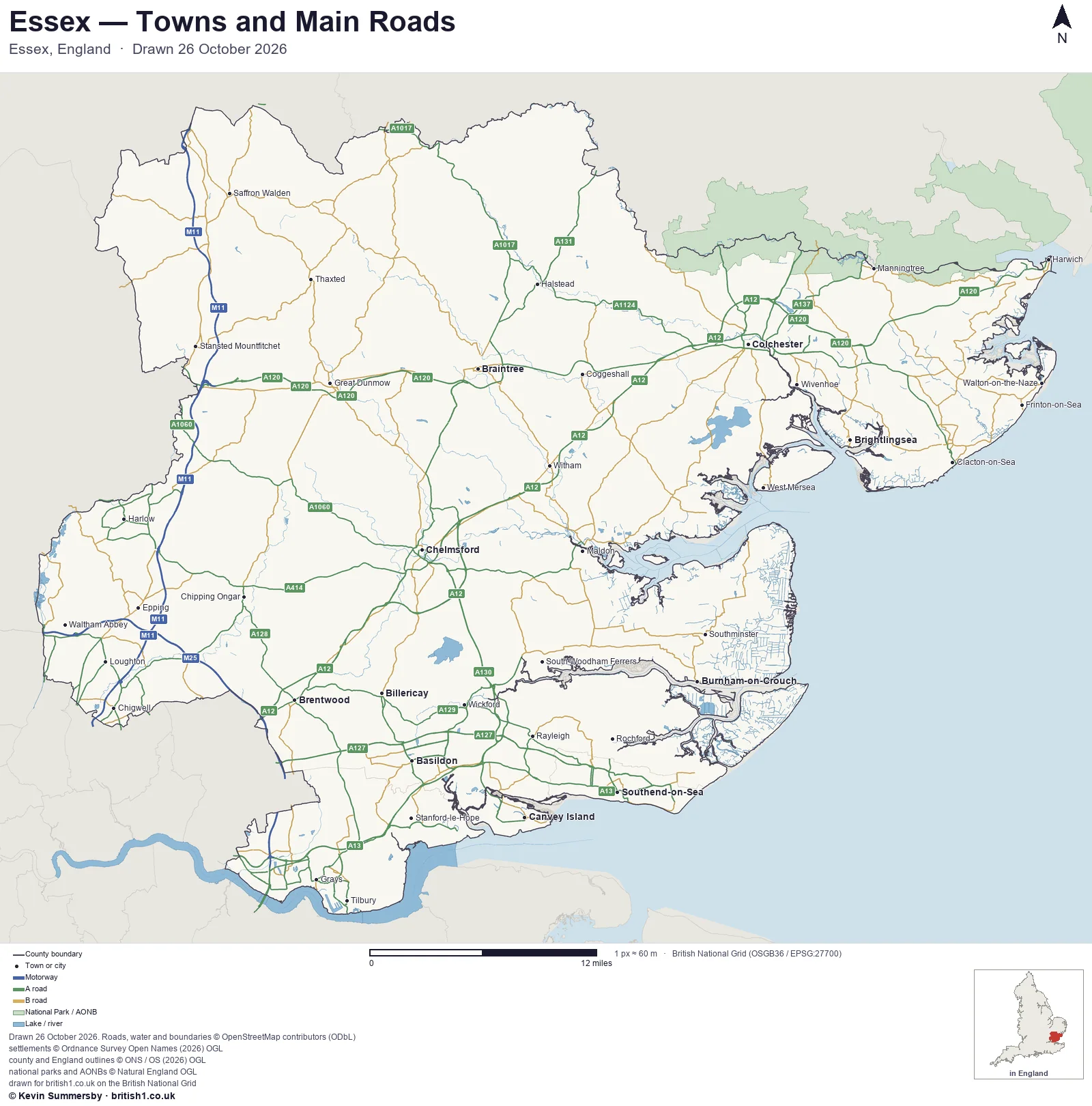 Map of Essex, England, showing towns, main roads and county boundaries