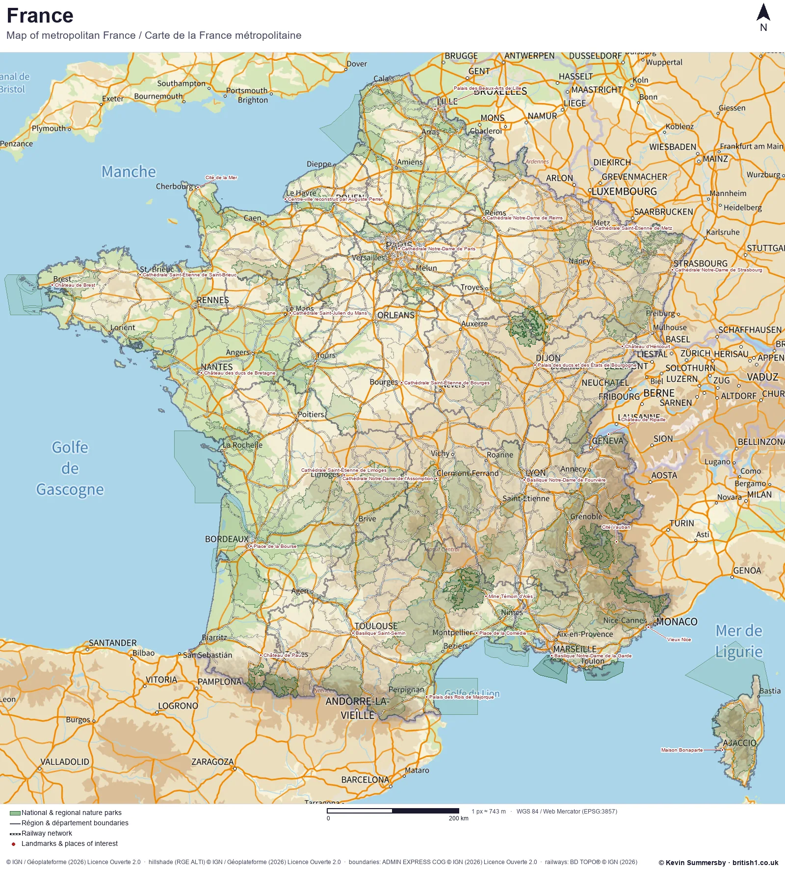 Detailed map of France with regions, railways, parks and landmarks