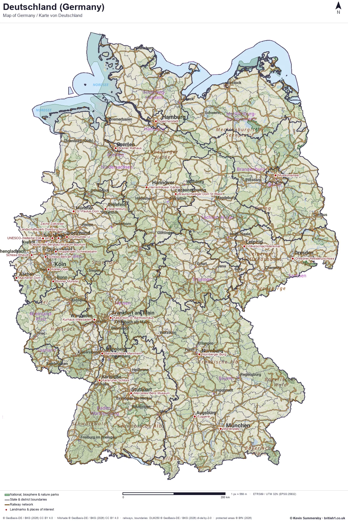 Detailed map of Germany with states, railways, parks and landmarks