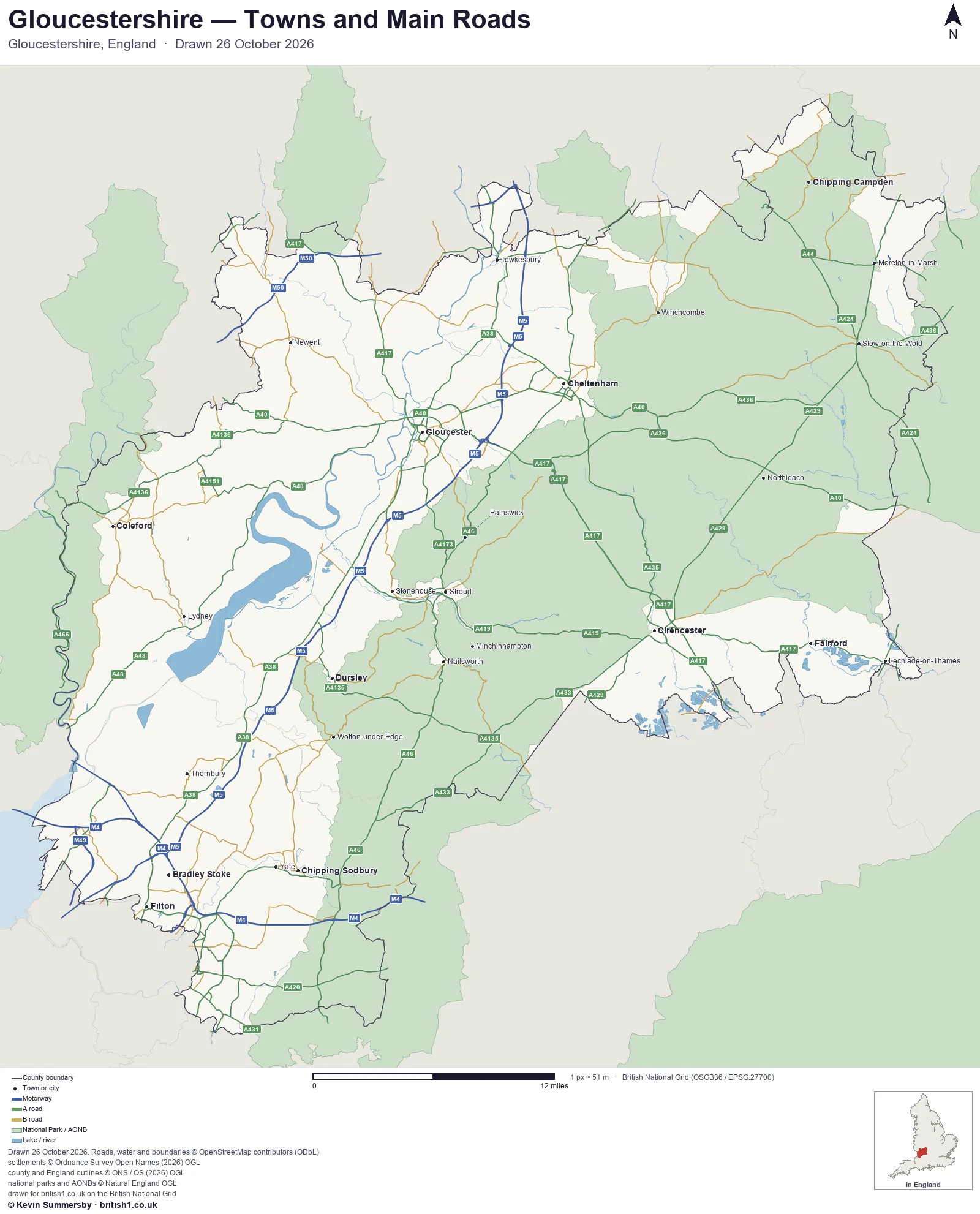 Map of Gloucestershire, England, showing towns, main roads and county boundaries