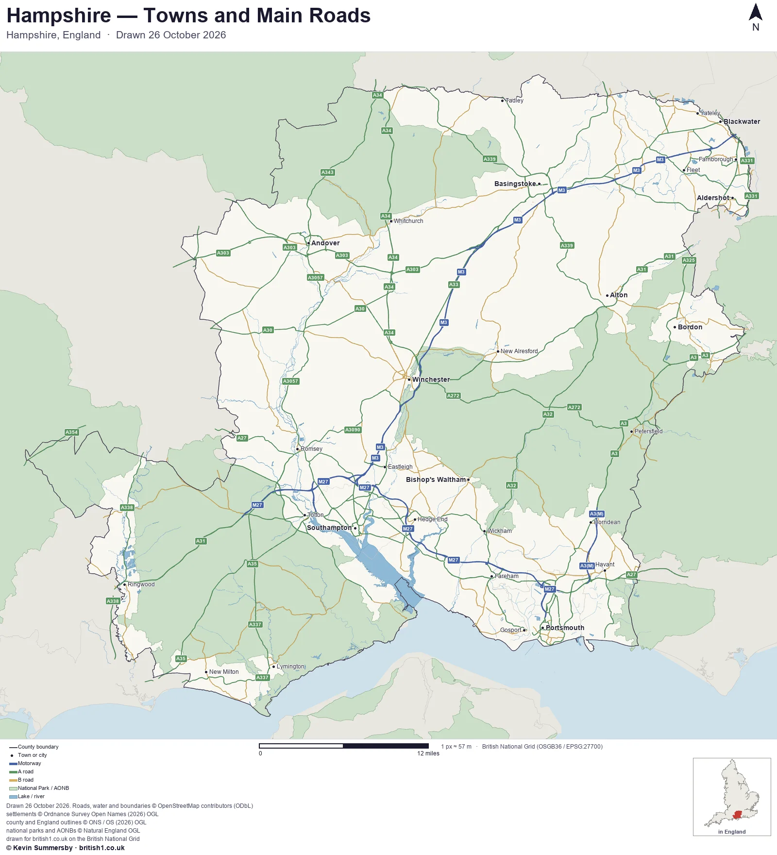 Map of Hampshire, England, showing towns, main roads and county boundaries