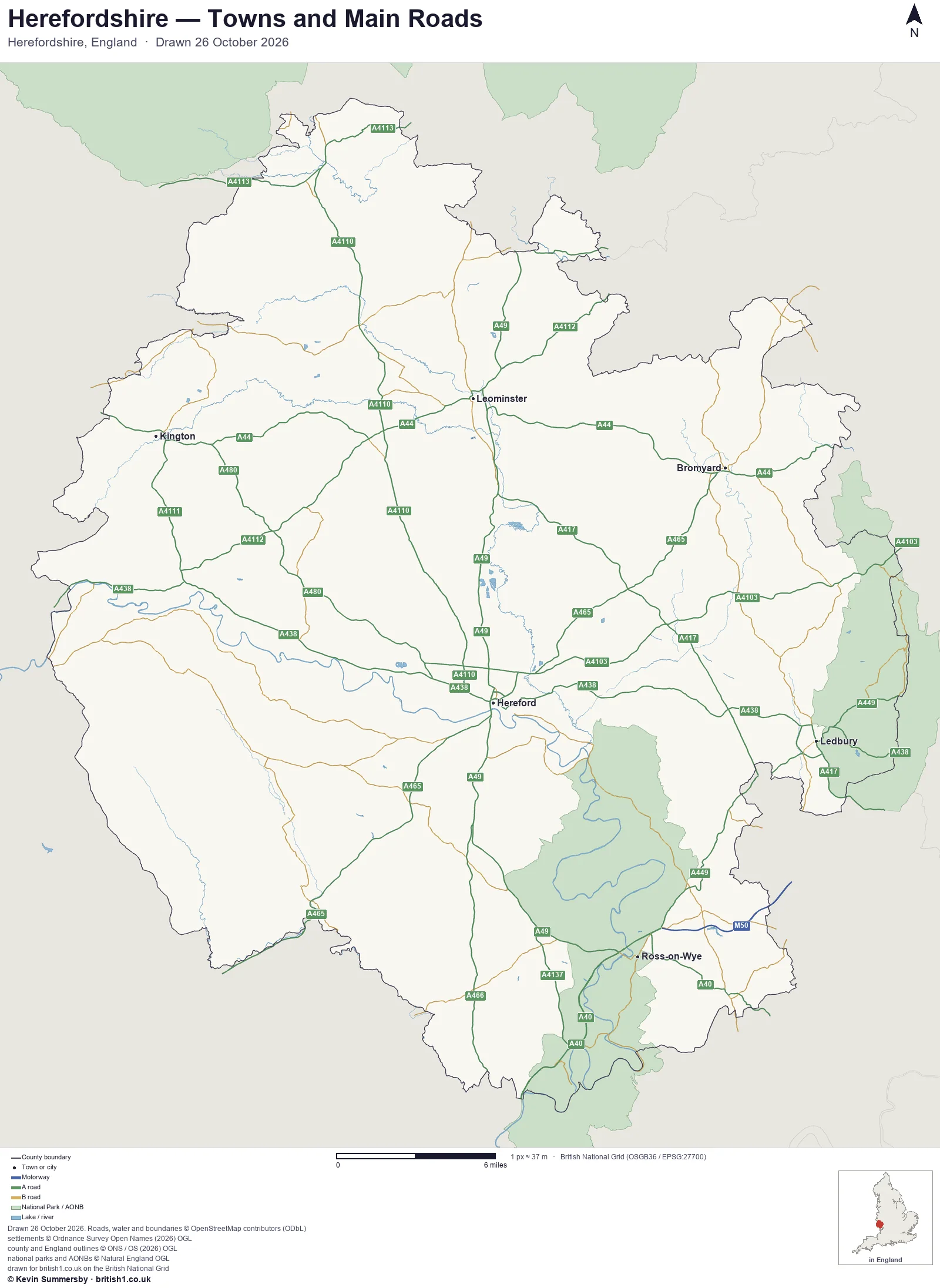 Map of Herefordshire, England, showing towns, main roads and county boundaries