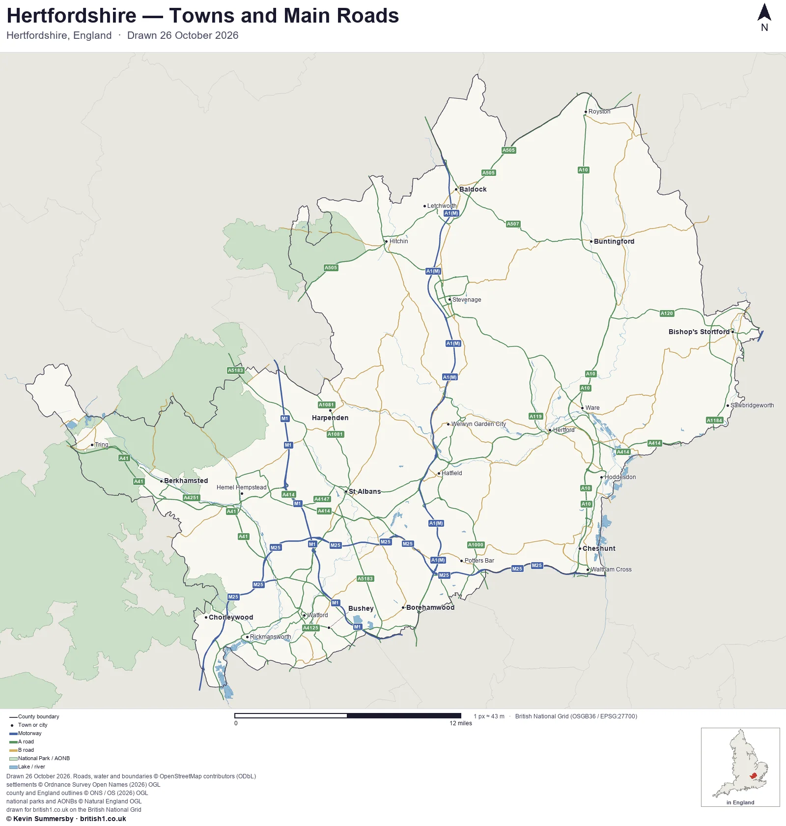 Map of Hertfordshire, England, showing towns, main roads and county boundaries