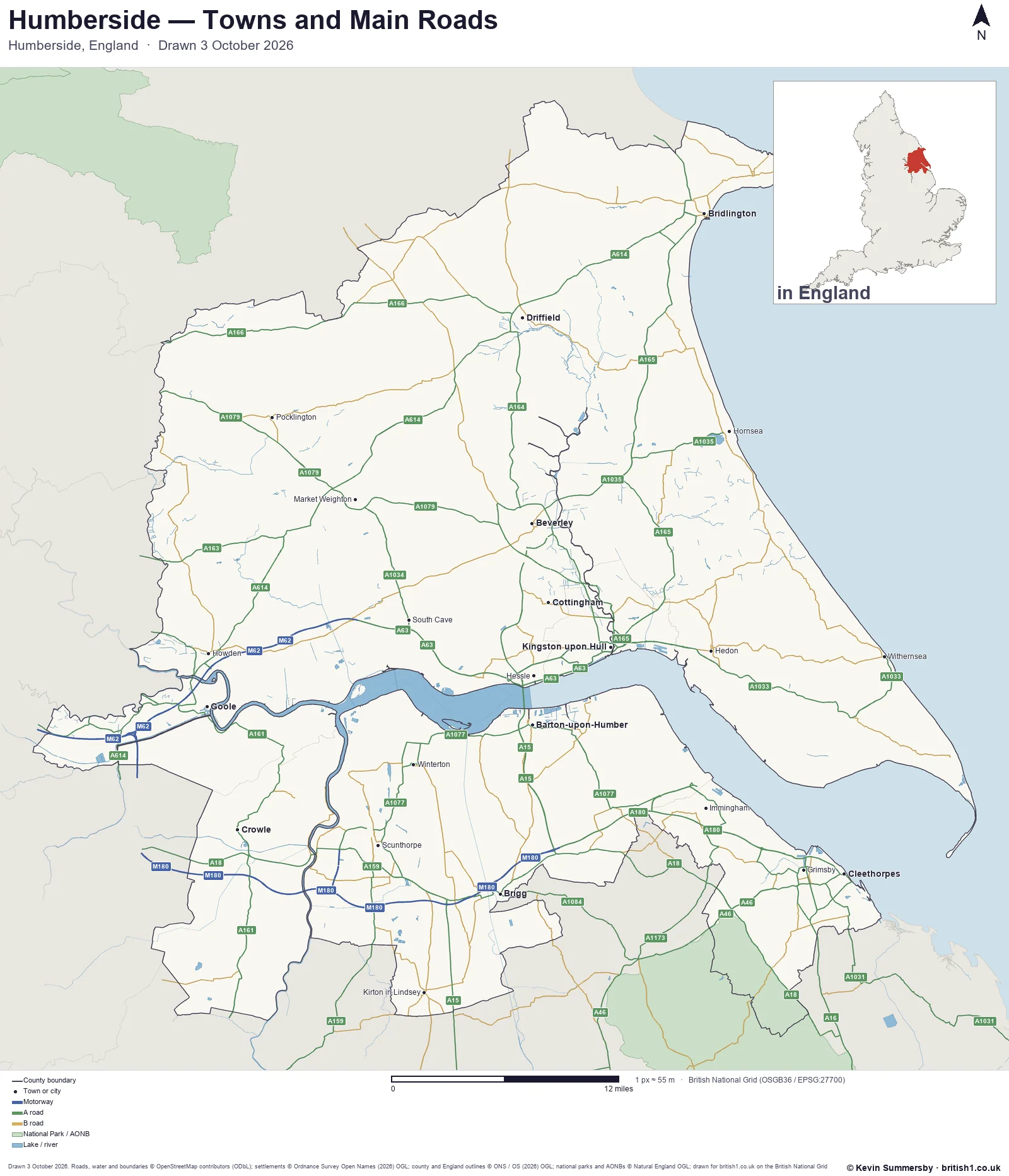 Map of Humberside, England, showing towns, main roads and county boundaries