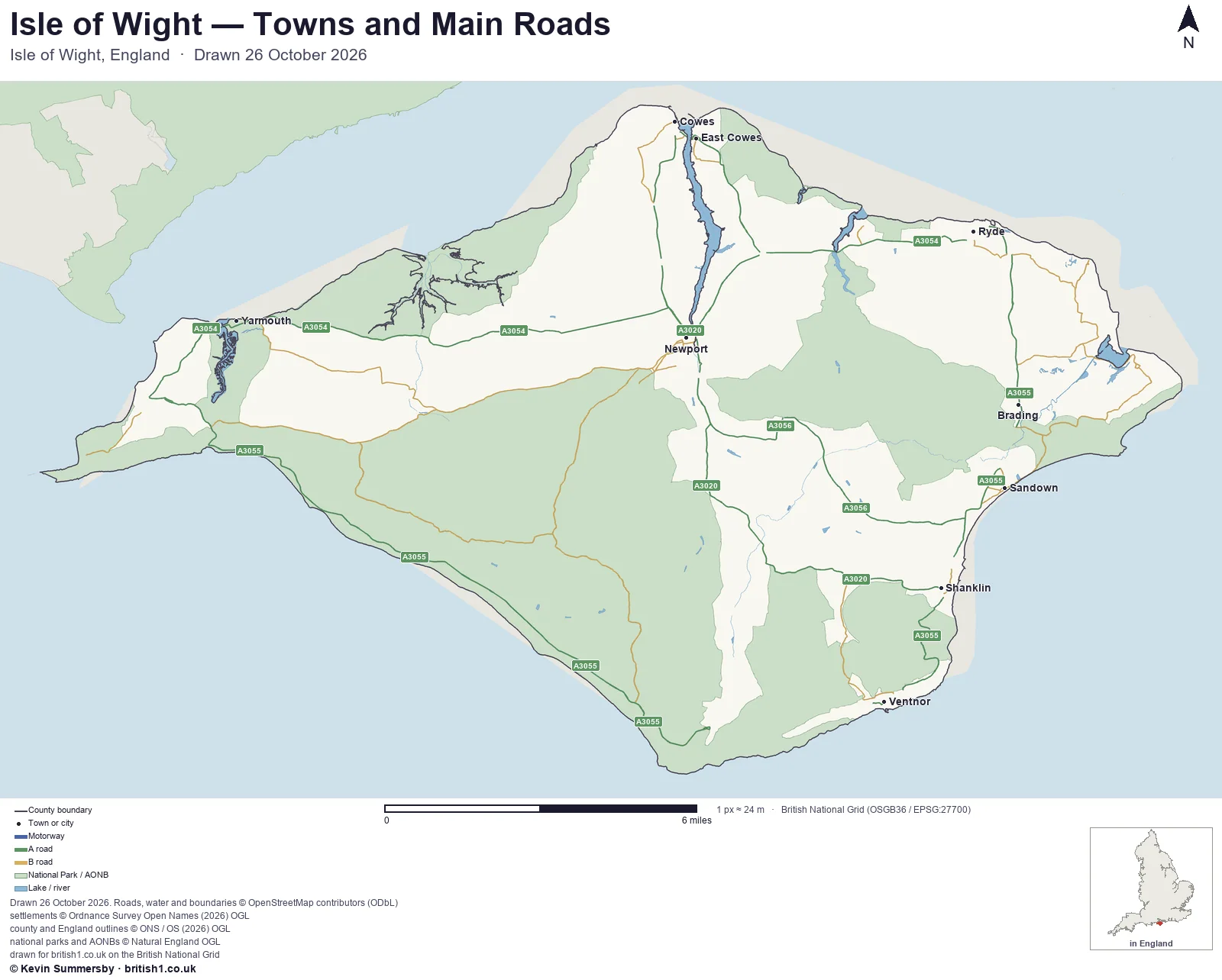Map of Isle of Wight, England, showing towns, main roads and county boundaries