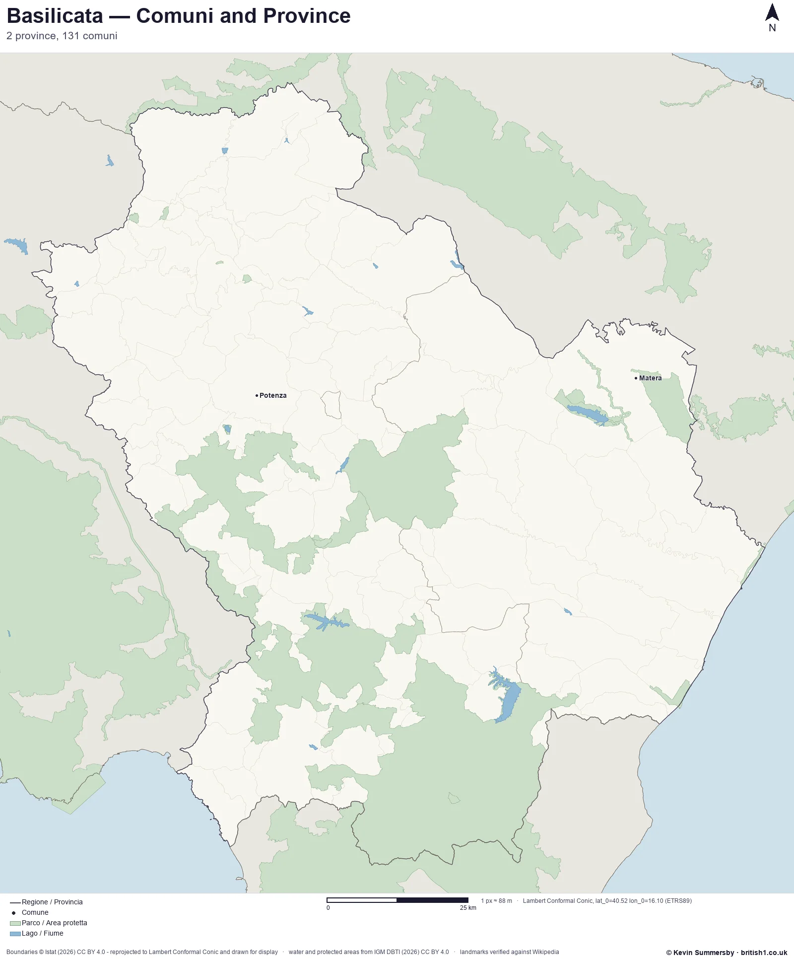 Printed-style map of Basilicata, Italy