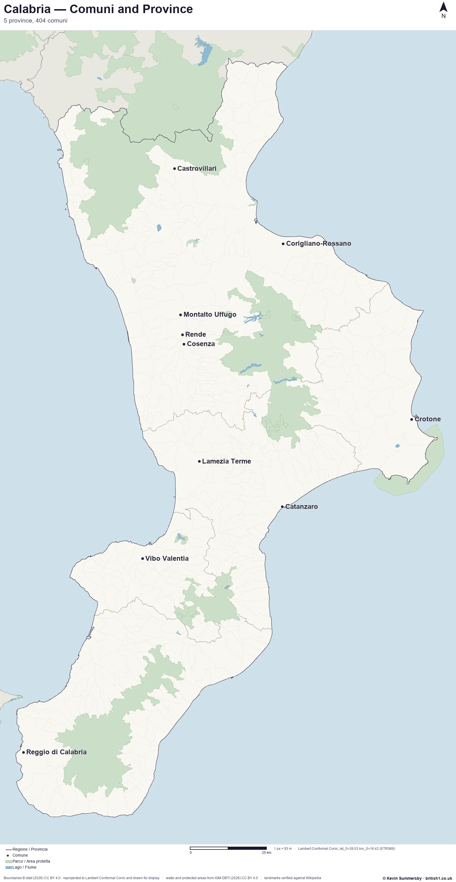 Printed-style map of Calabria, Italy