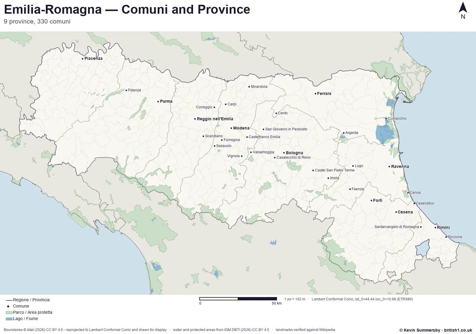 Printed-style map of Emilia-Romagna, Italy