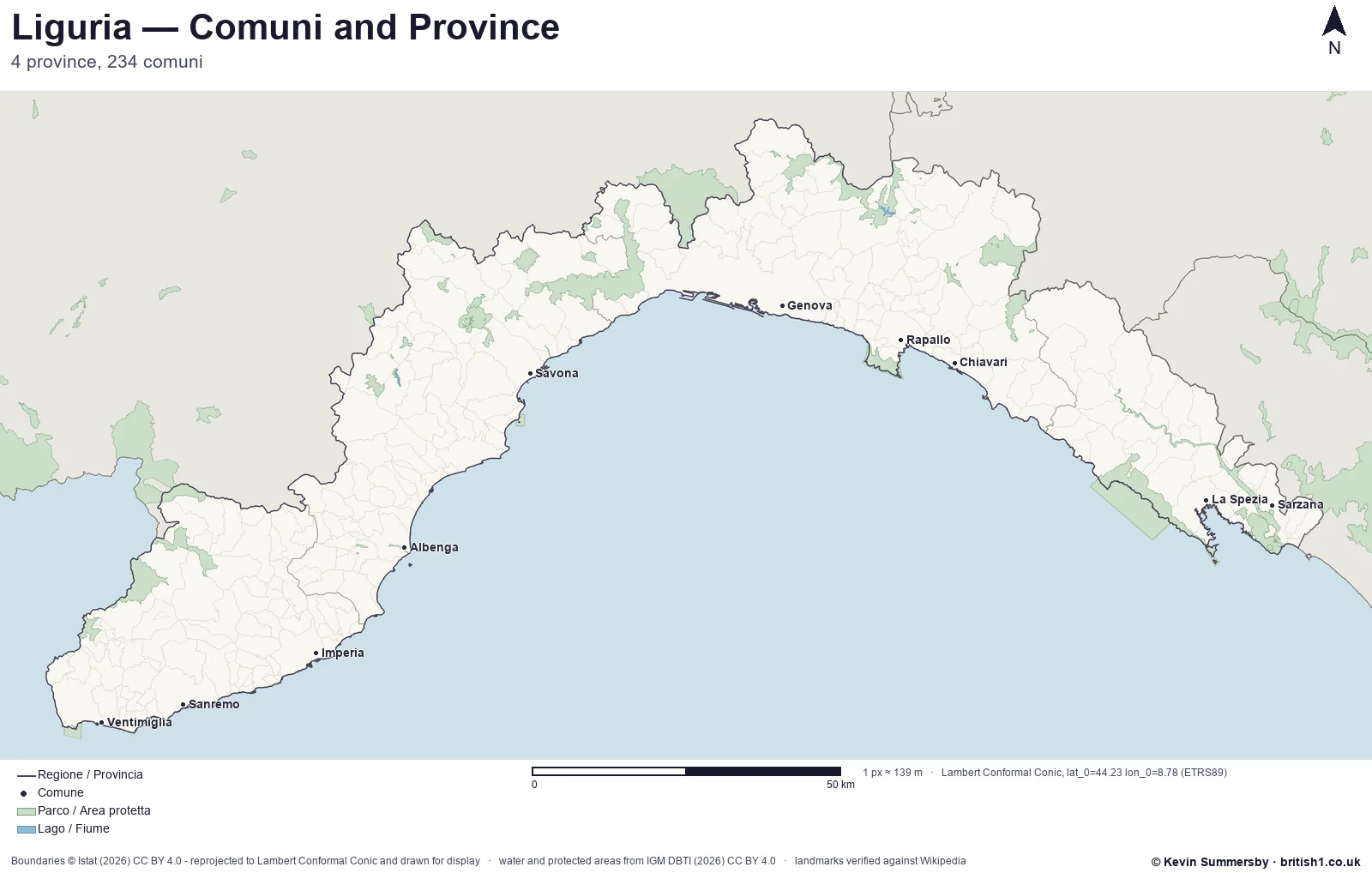 Printed-style map of Liguria, Italy
