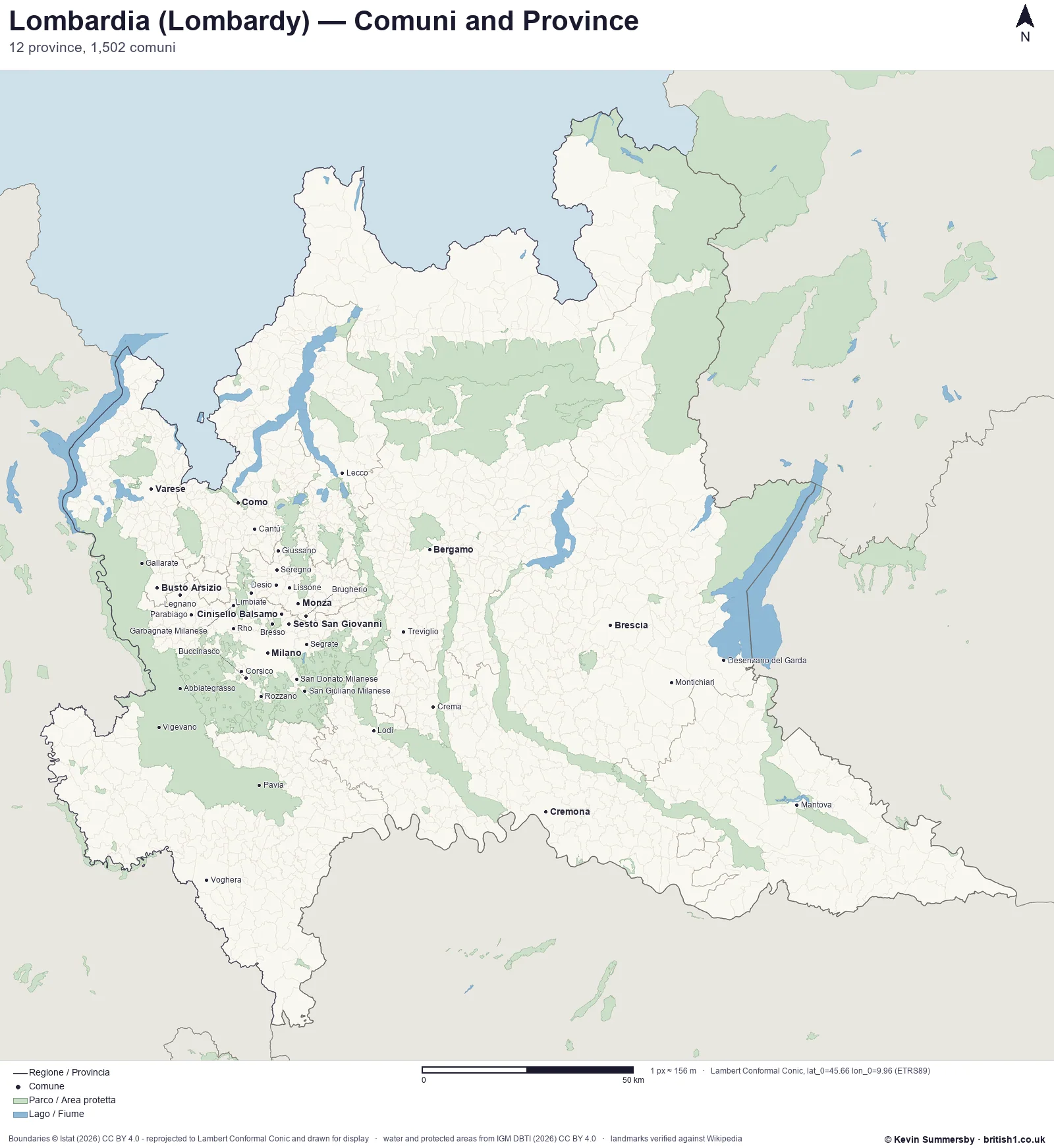 Printed-style map of Lombardia, Italy