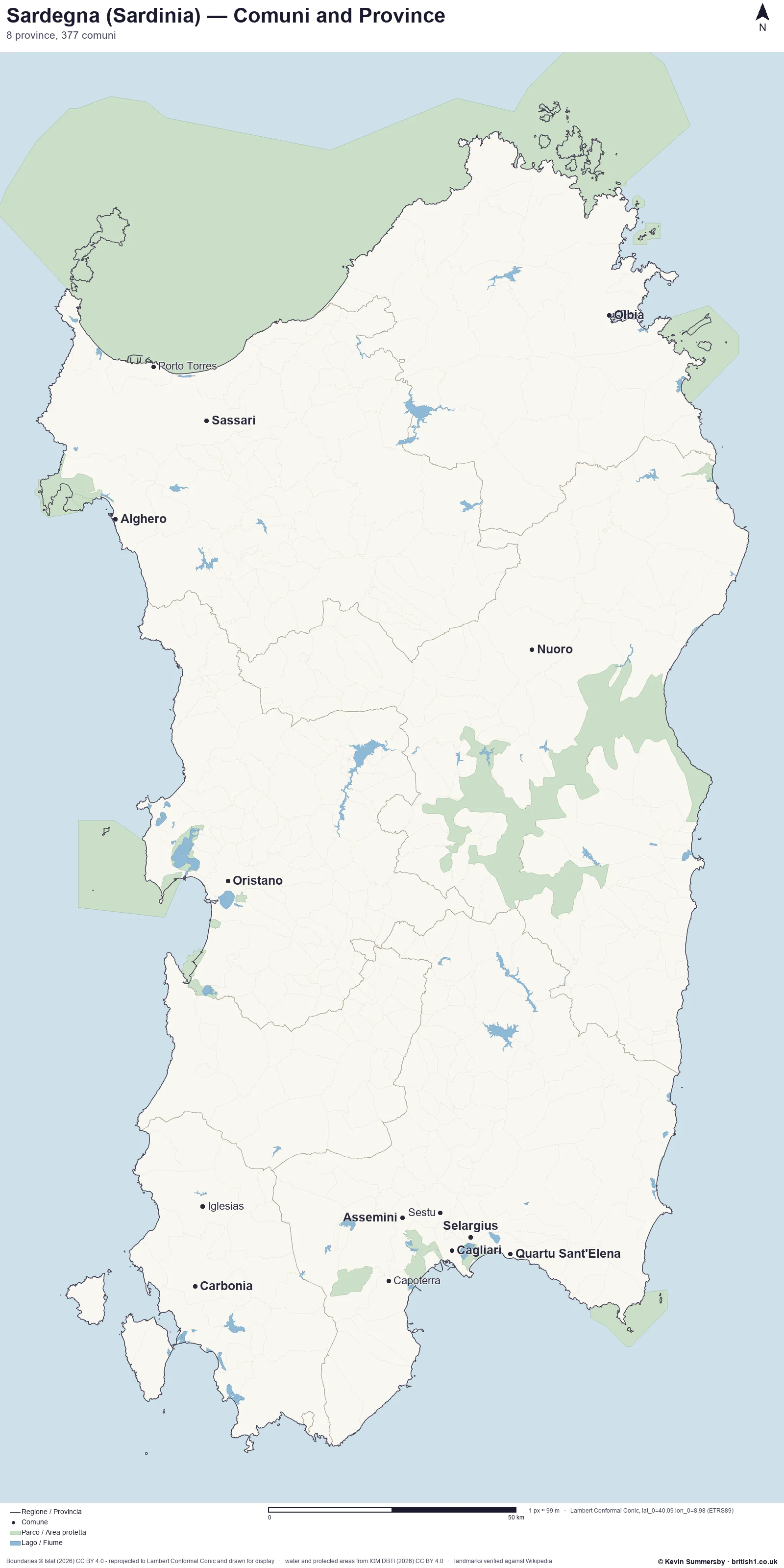 Printed-style map of Sardegna, Italy