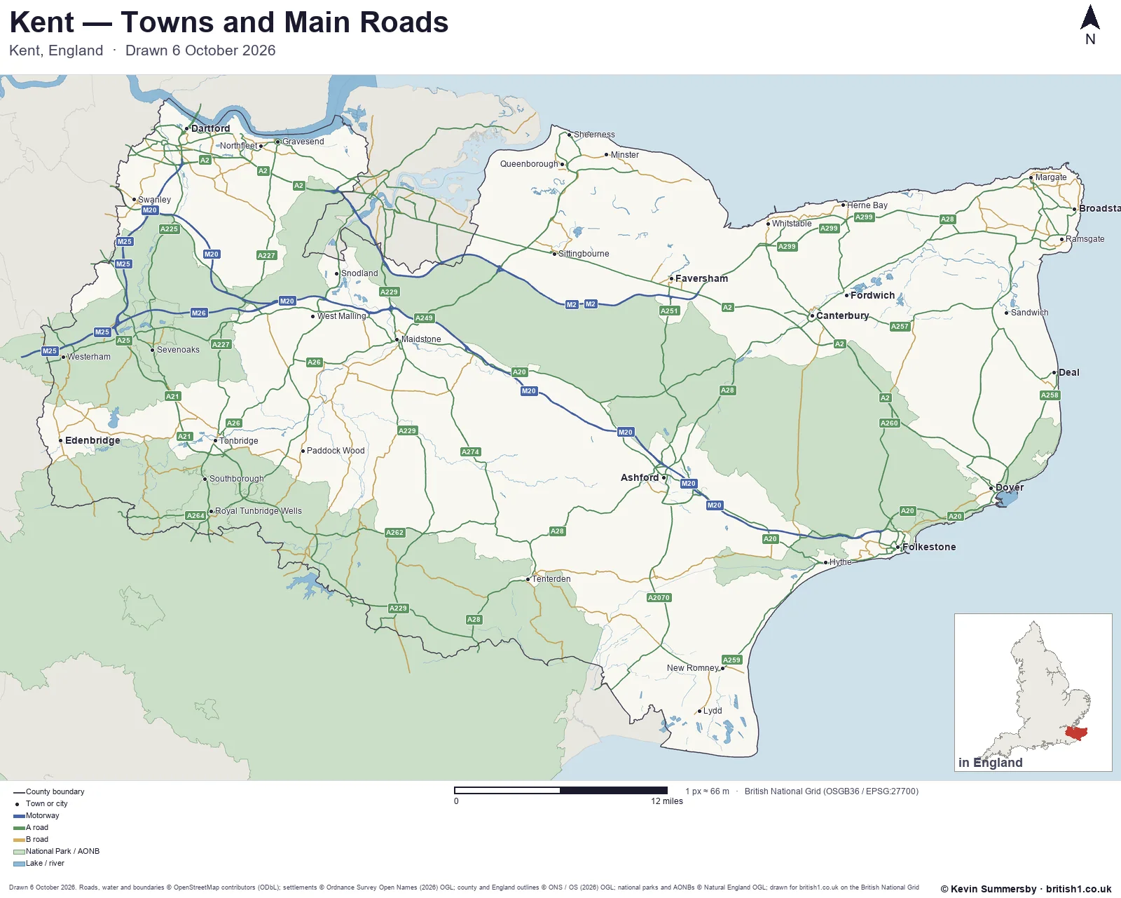 Map of Kent, England, showing towns, main roads and county boundaries