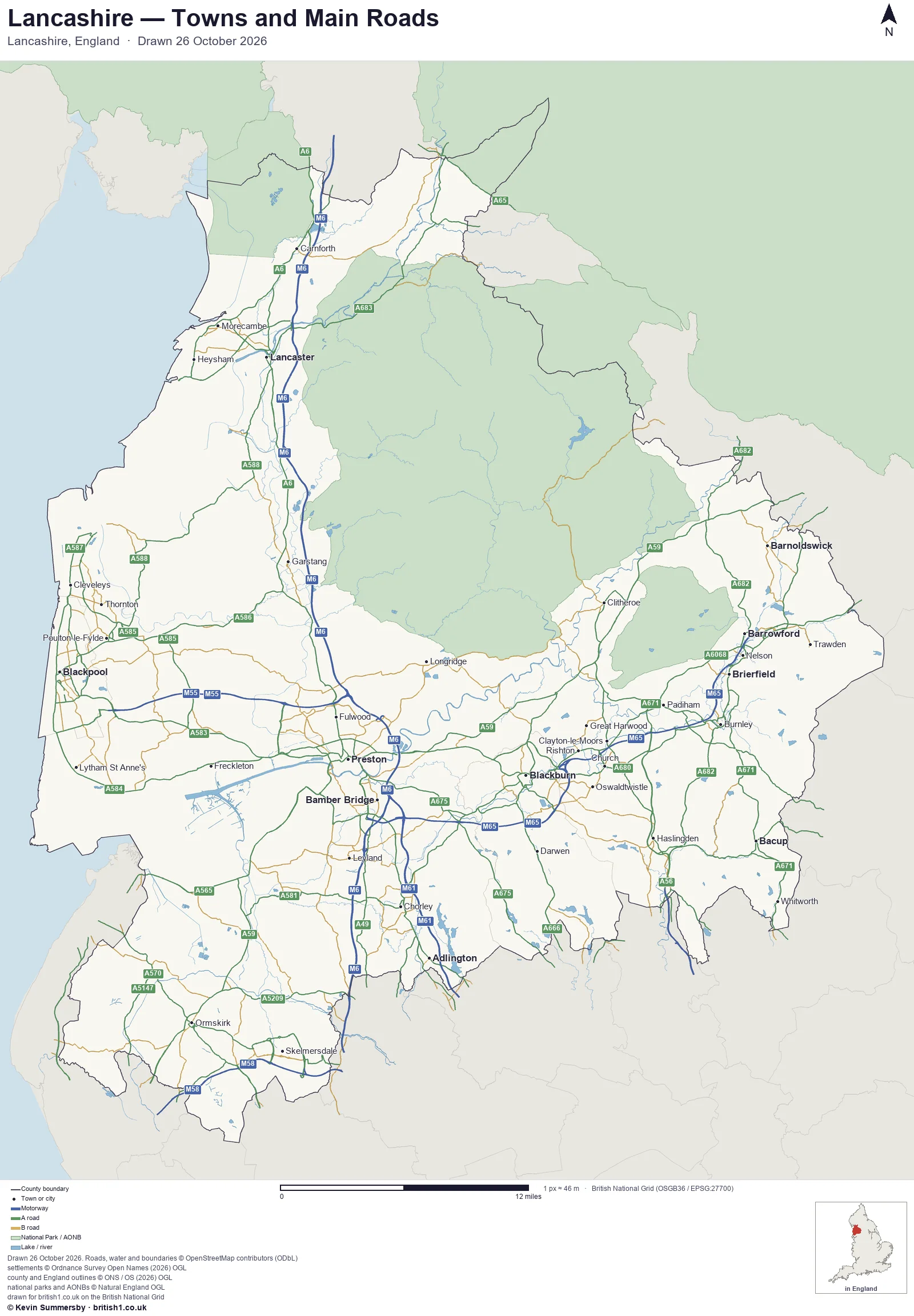 Map of Lancashire, England, showing towns, main roads and county boundaries