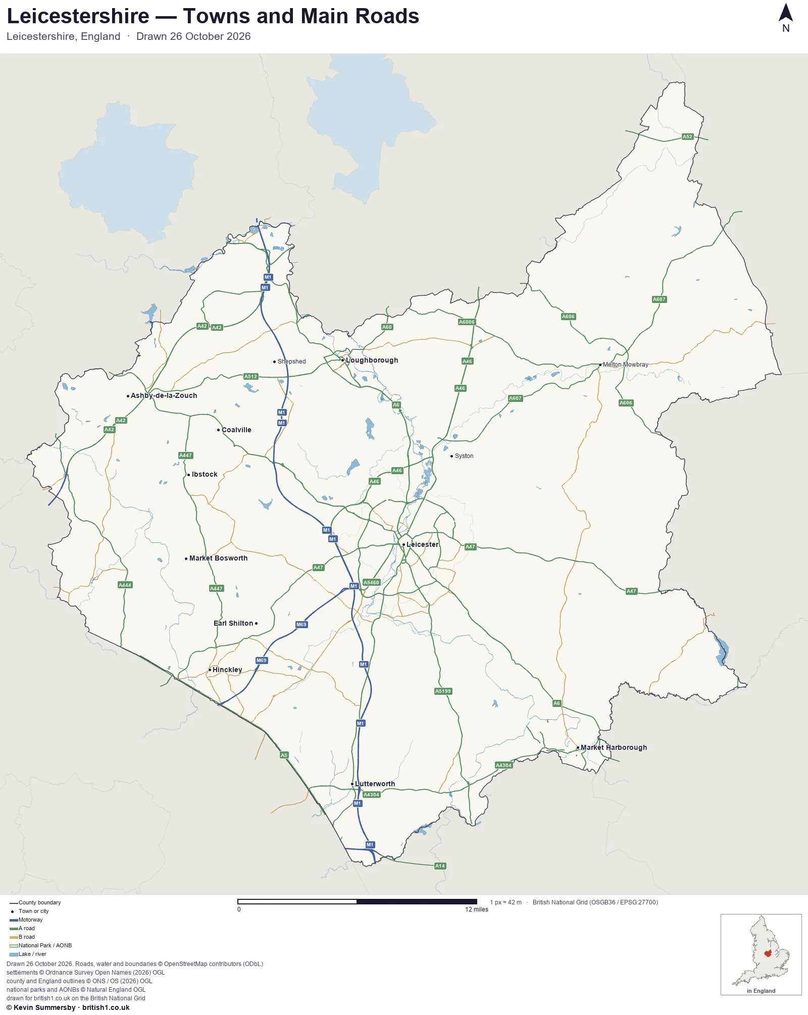 Map of Leicestershire, England, showing towns, main roads and county boundaries
