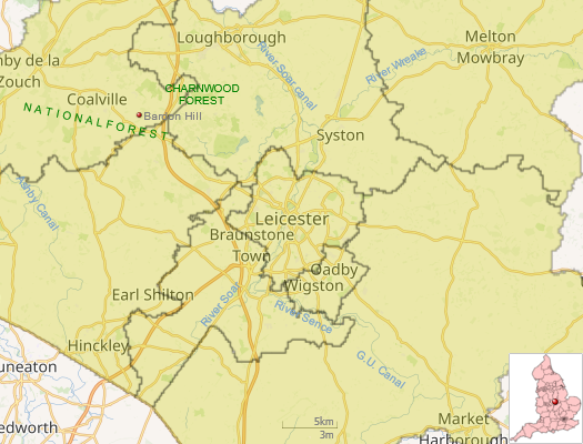 Large Leicestershire major towns and cities location map