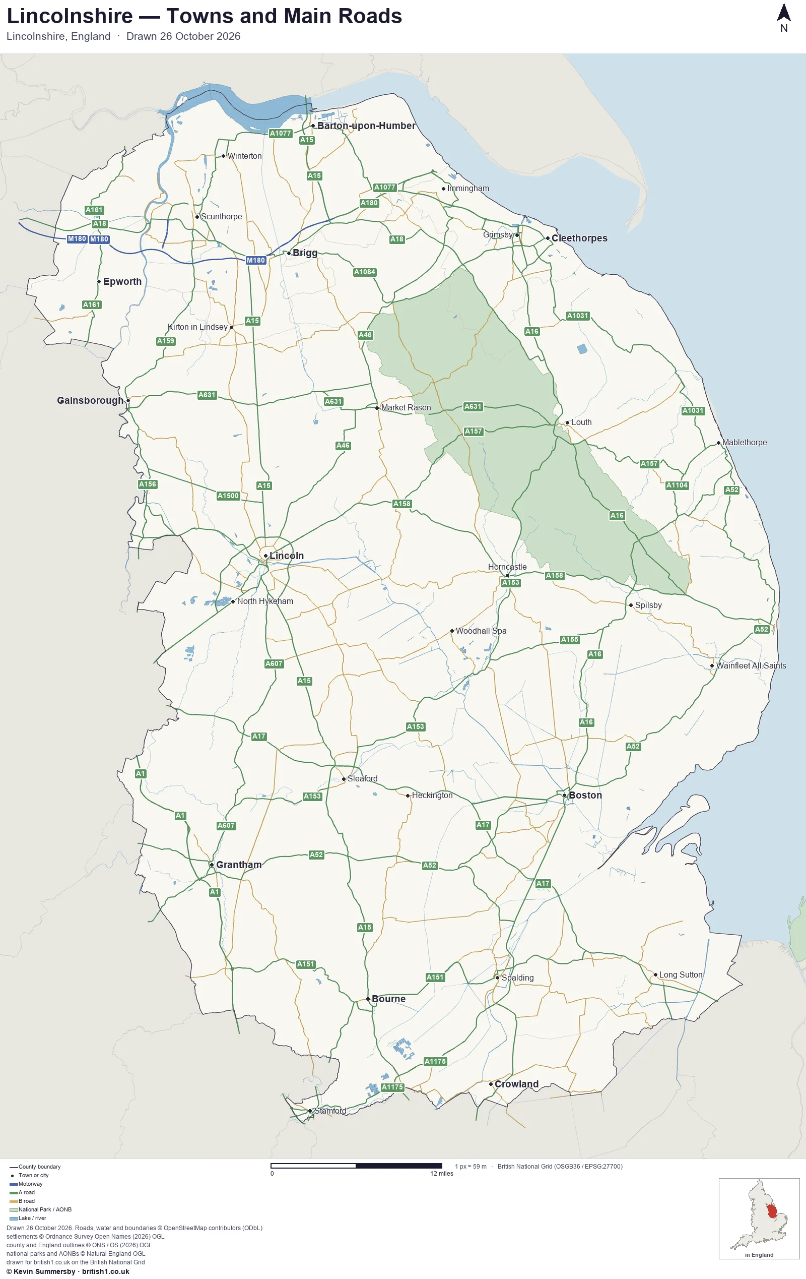 Map of Lincolnshire, England, showing towns, main roads and county boundaries