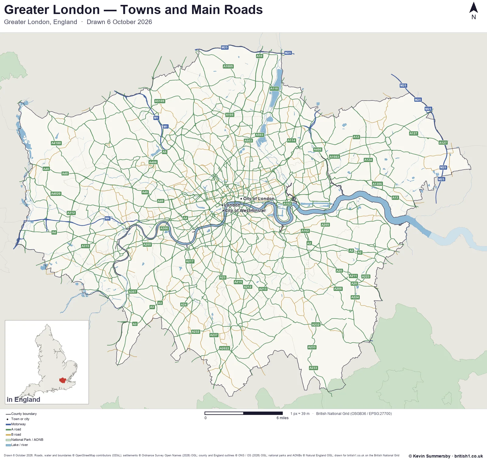Map of London, England, showing towns, main roads and county boundaries