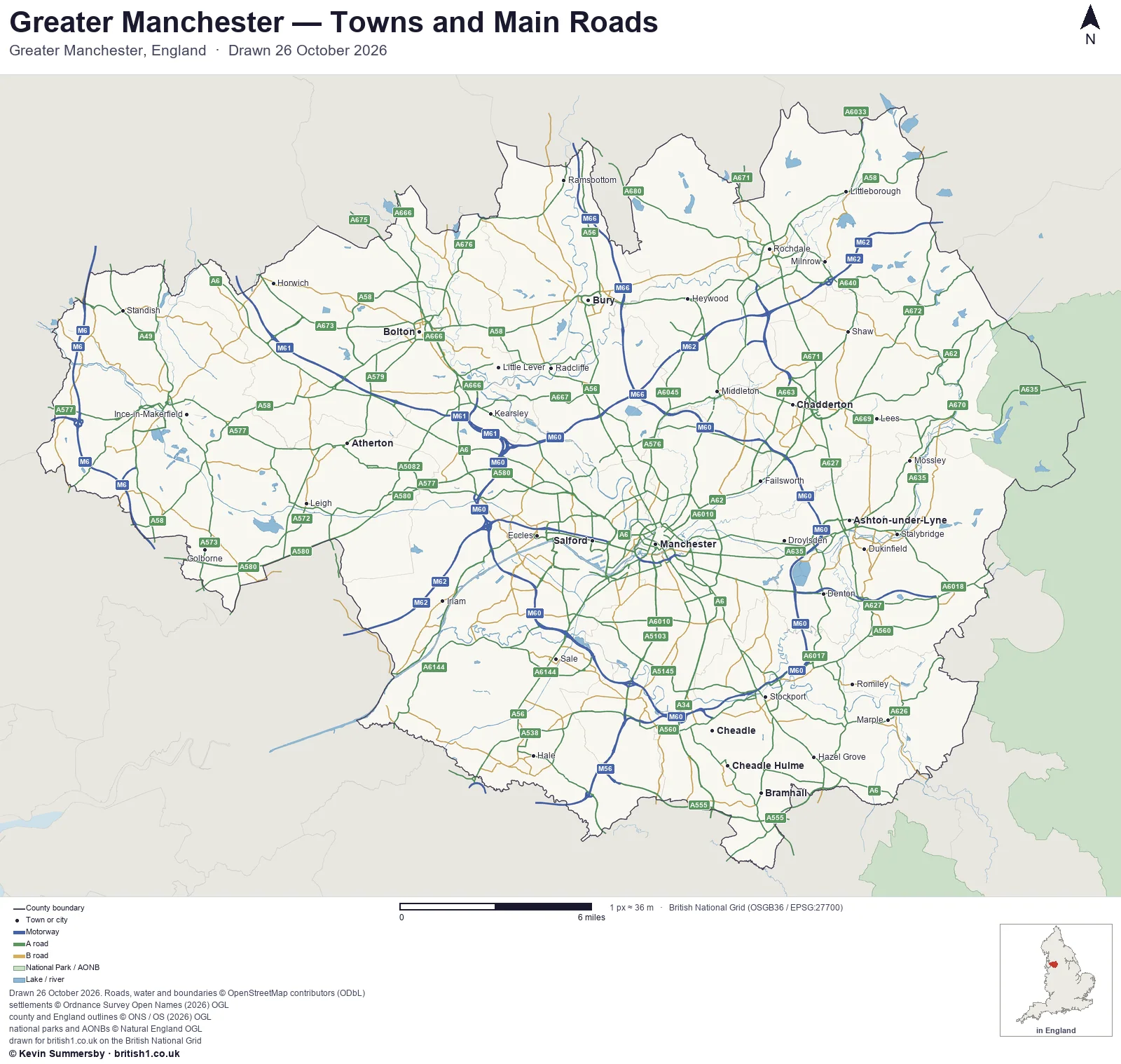 Map of Manchester, England, showing towns, main roads and county boundaries