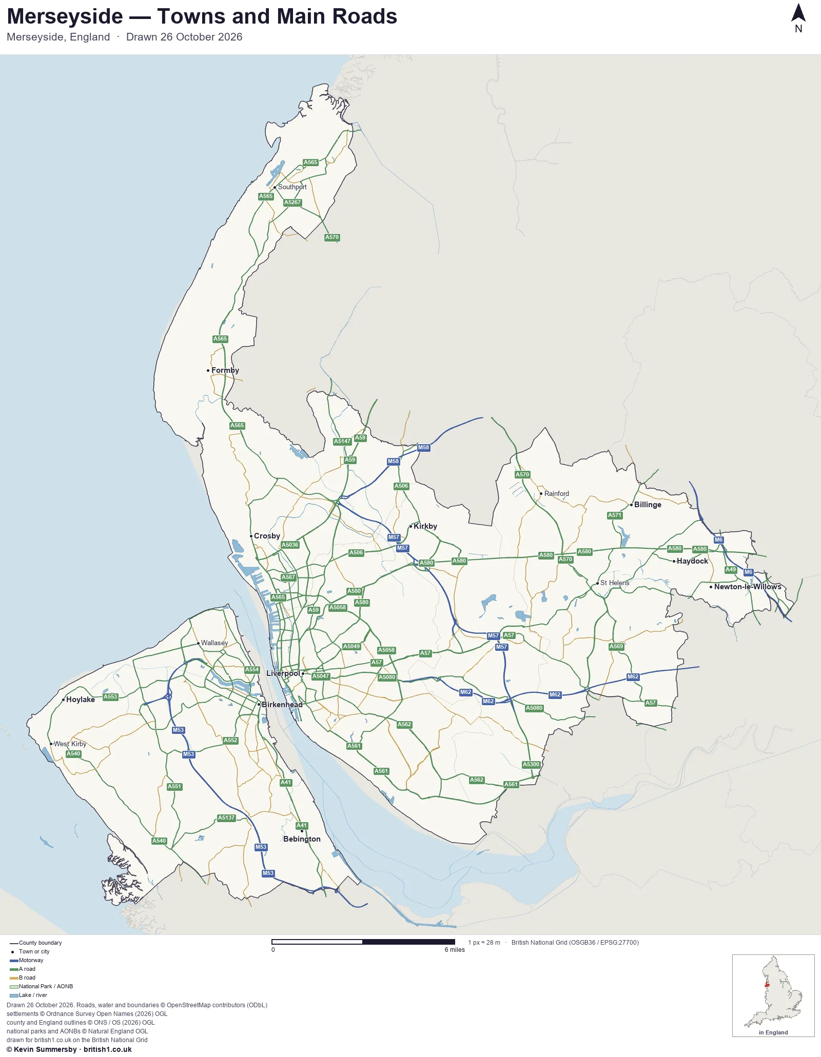 Map of Merseyside, England, showing towns, main roads and county boundaries