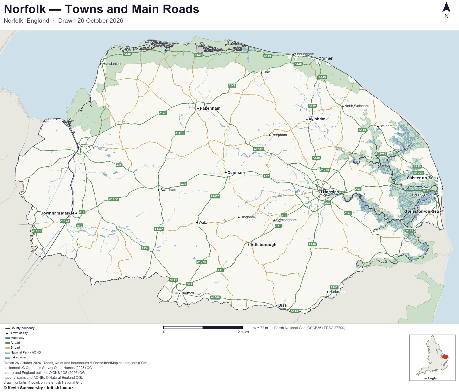 Map of Norfolk, England, showing towns, main roads and county boundaries