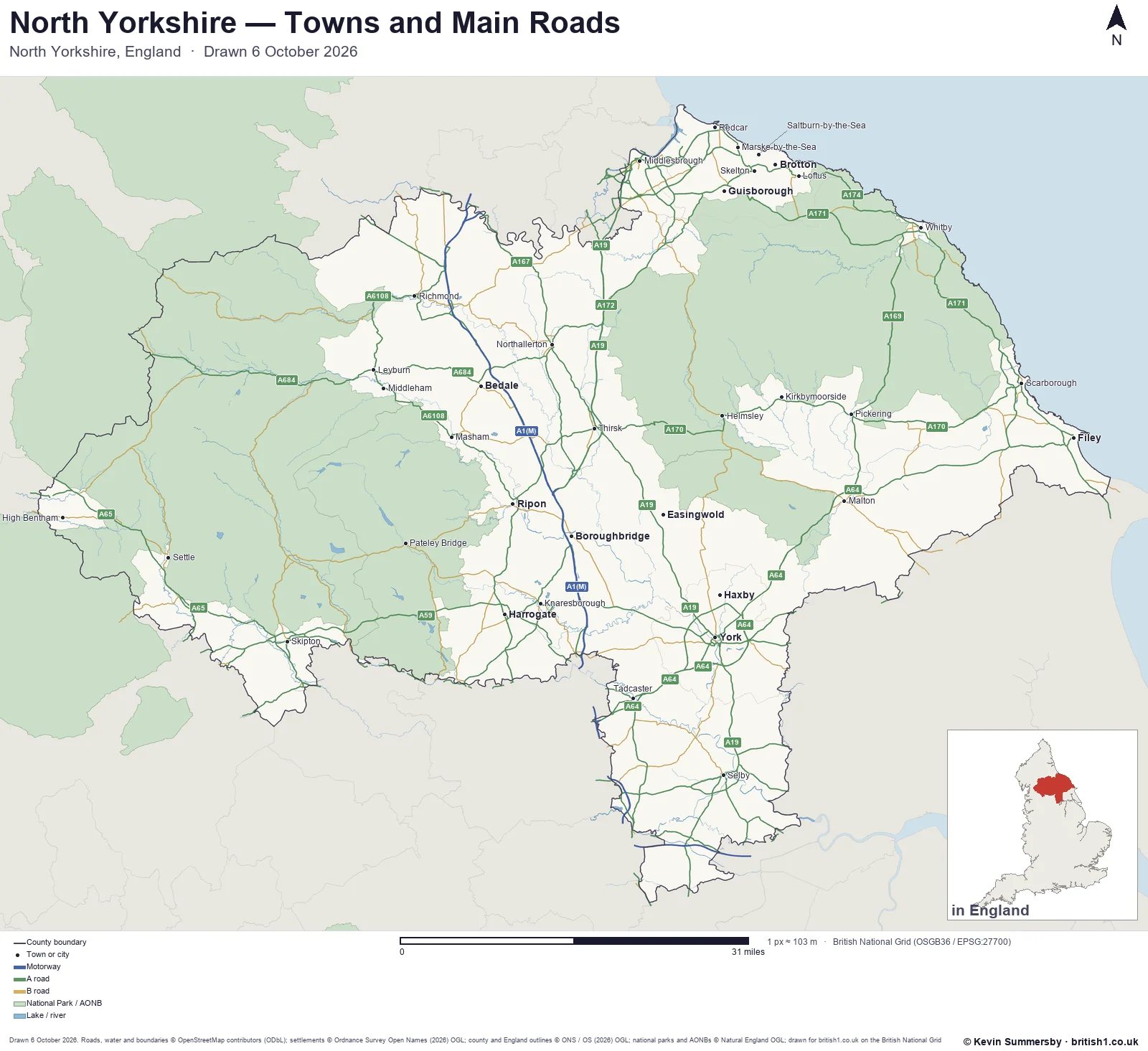 Map of North Yorkshire, England, showing towns, main roads and county boundaries