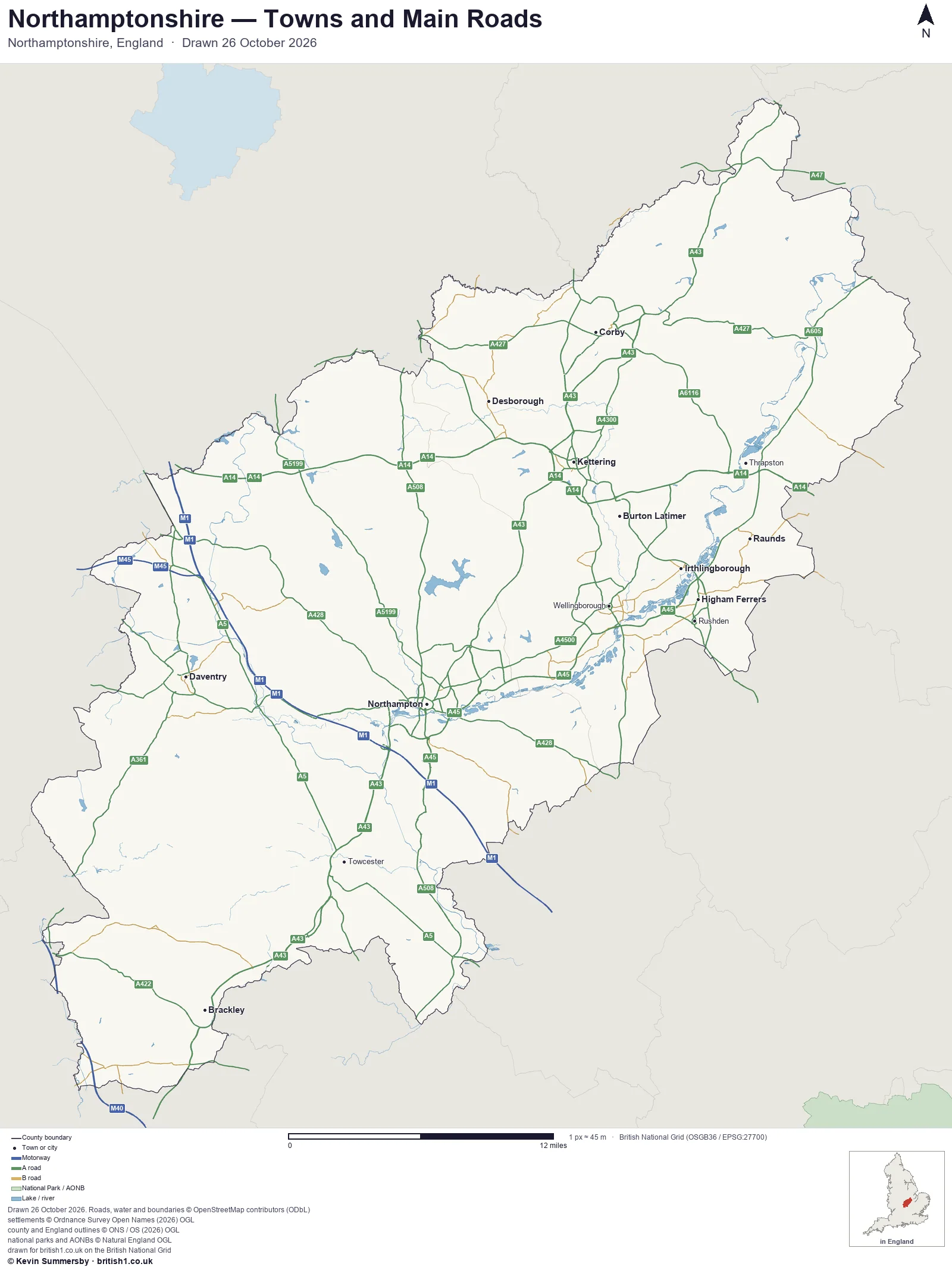 Map of Northamptonshire, England, showing towns, main roads and county boundaries