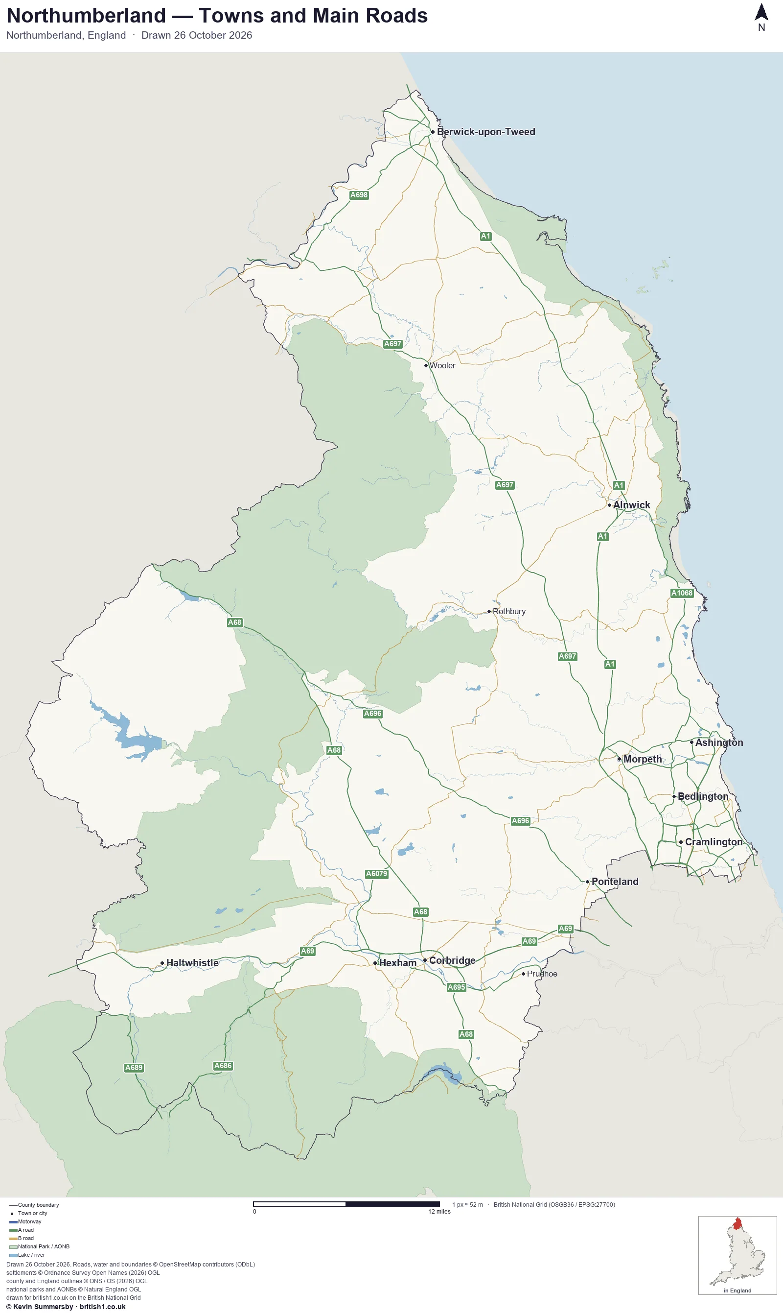 Map of Northumberland, England, showing towns, main roads and county boundaries
