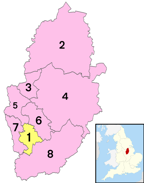 Large Nottinghamshire numbered districts map