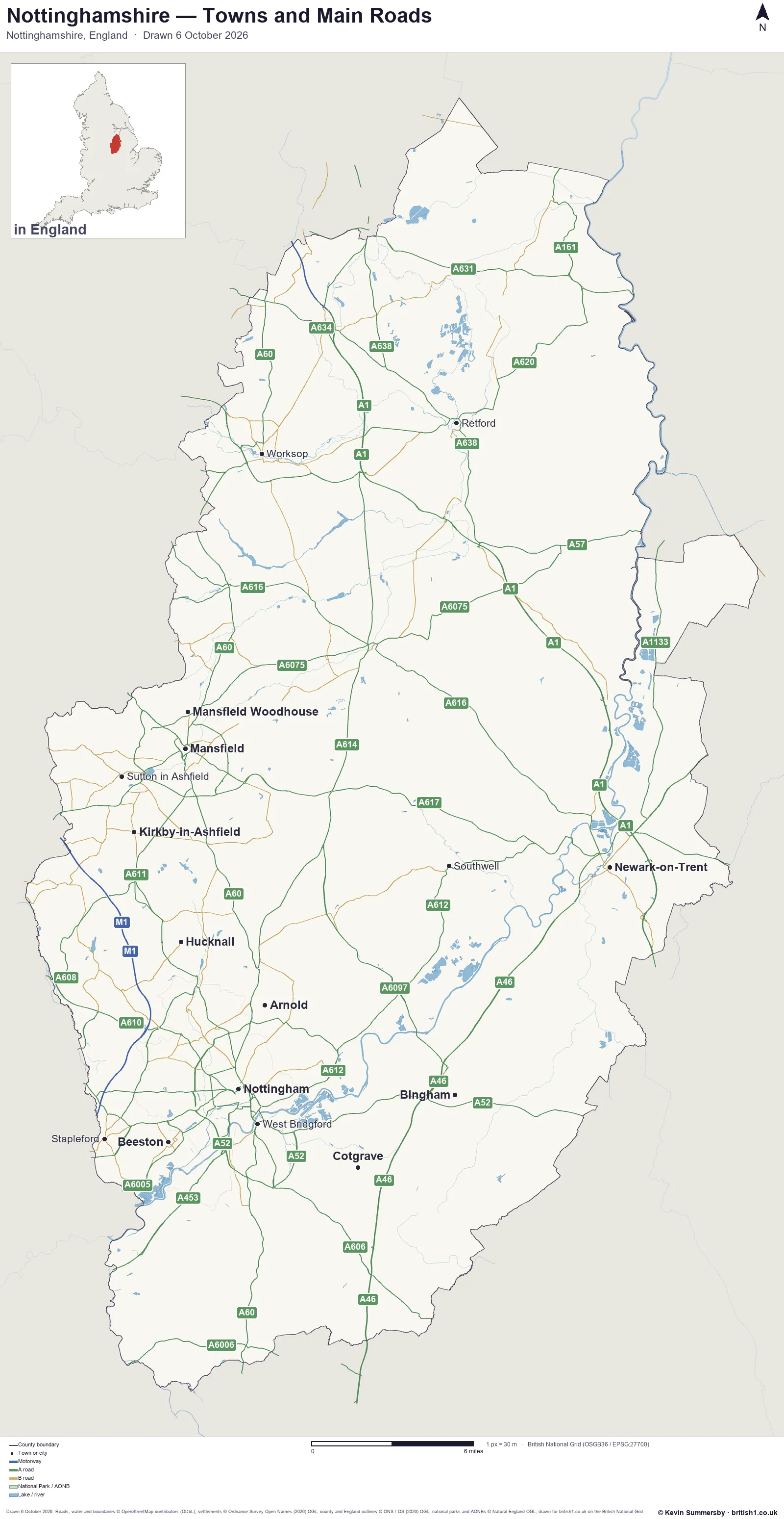 Map of Nottinghamshire, England, showing towns, main roads and county boundaries