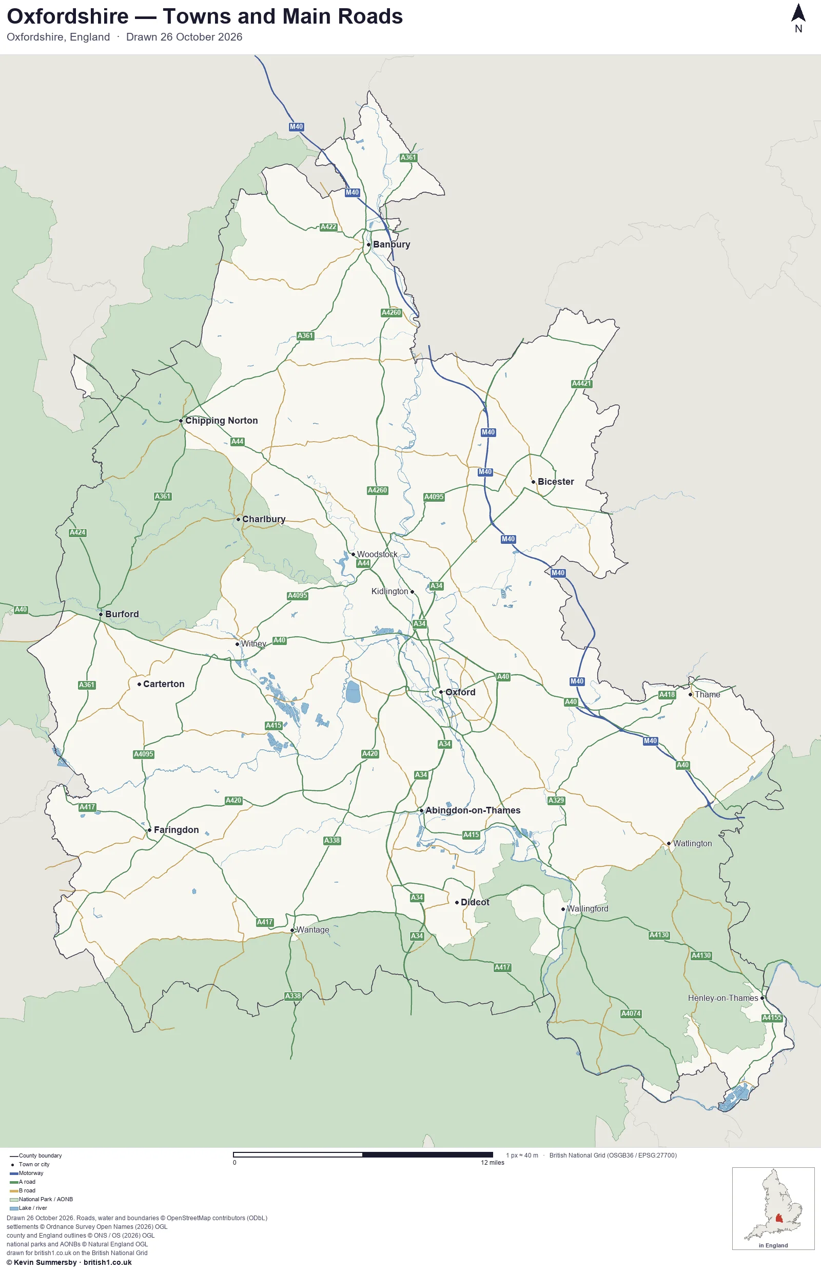 Map of Oxfordshire, England, showing towns, main roads and county boundaries