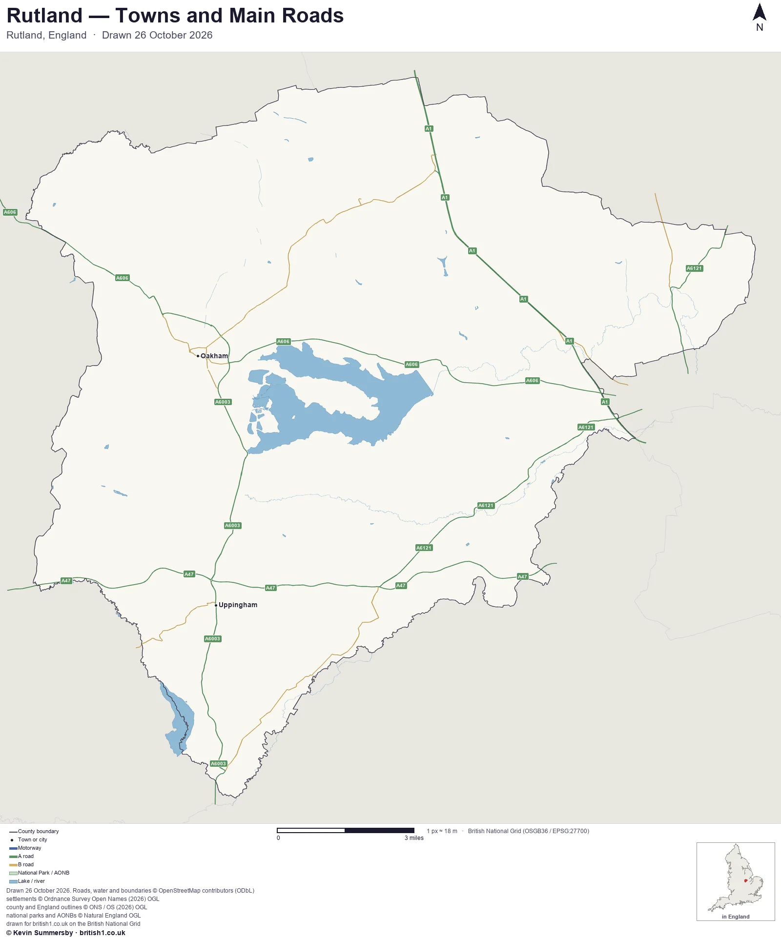 Map of Rutland, England, showing towns, main roads and county boundaries