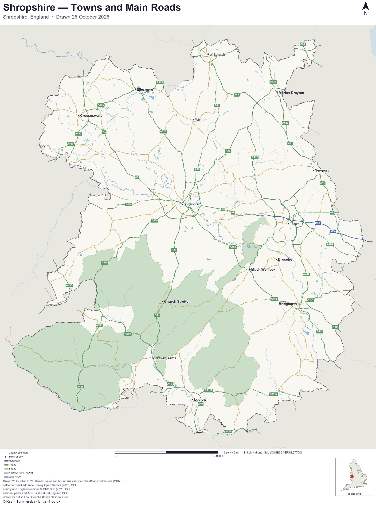 Map of Shropshire, England, showing towns, main roads and county boundaries